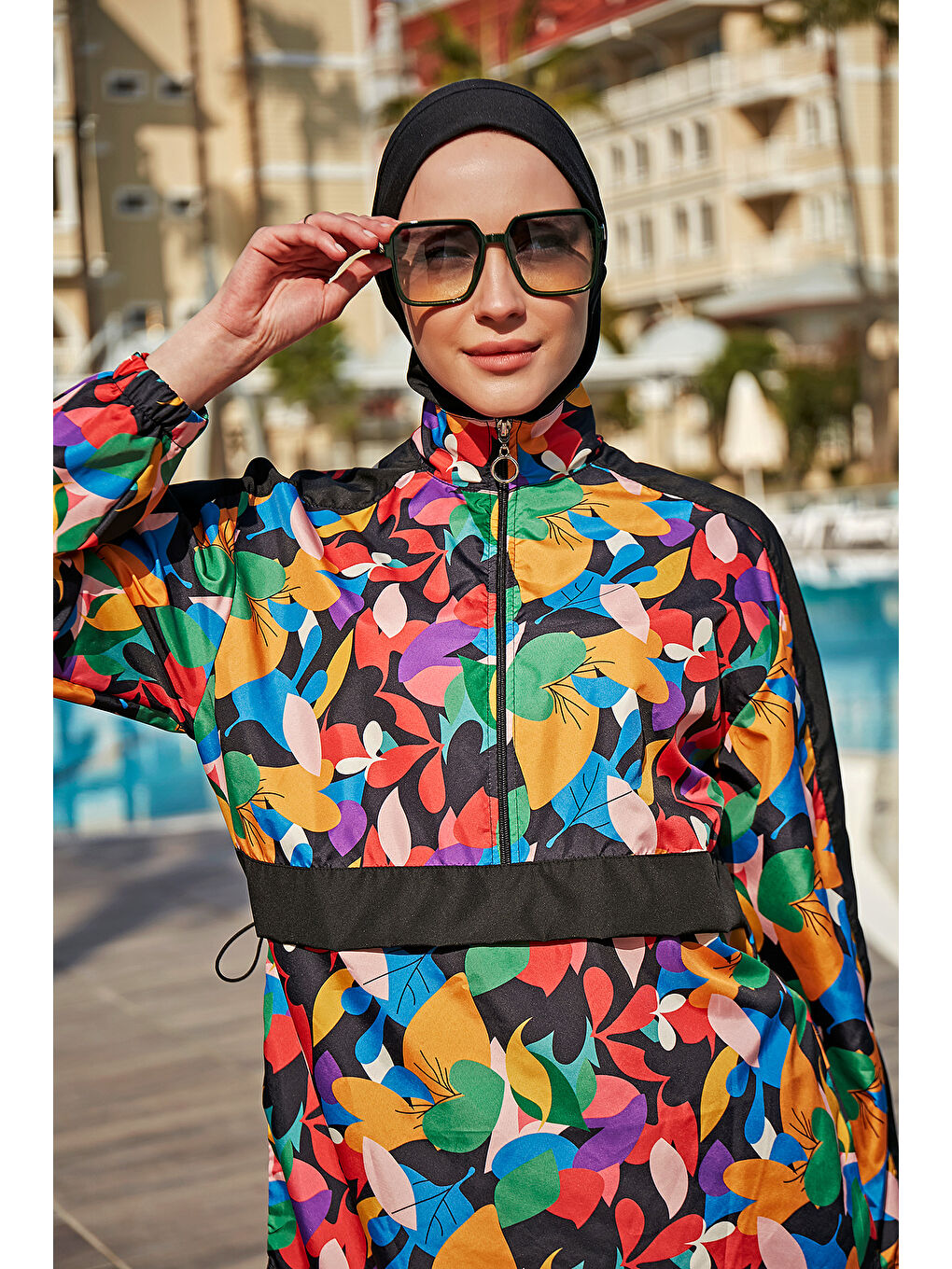 Siyah Remsa Paraşüt Tam Kapalı Tesettür Mayo R4703 Sariye SİYAH-1