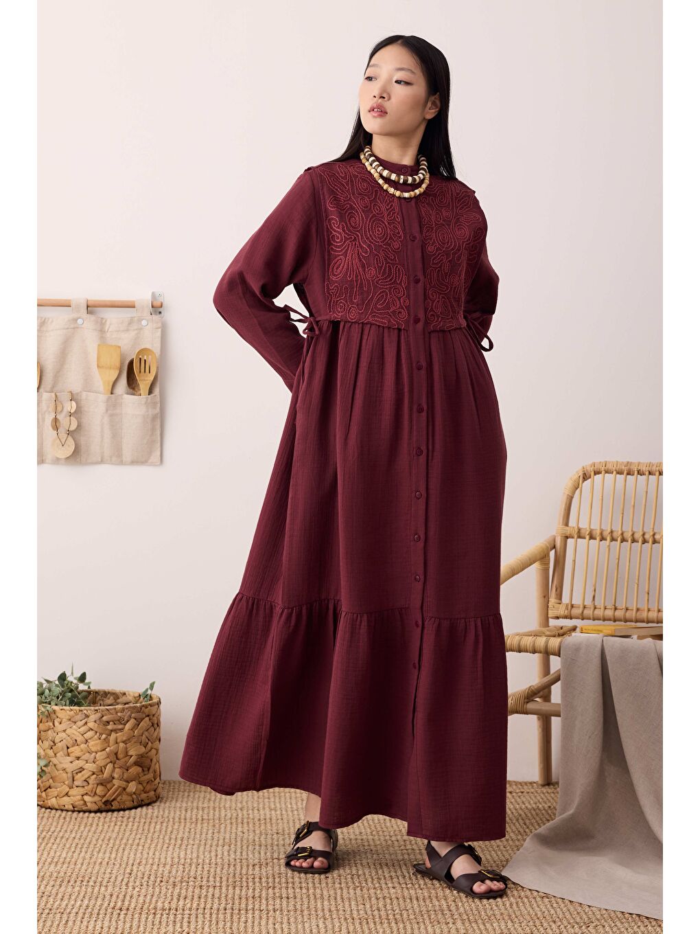Önü Ters Rüzgarlıklı Elbise Bordo-2