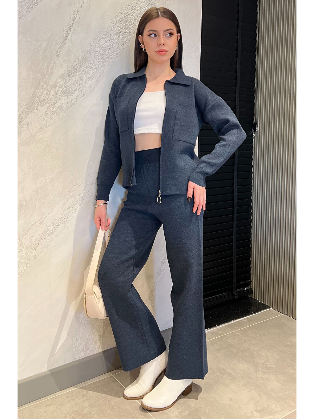 Lacivert Kadın Çift Cepli Triko Hırka Pantolon İkili Takım (s-m-l Beden Uyumludur.)