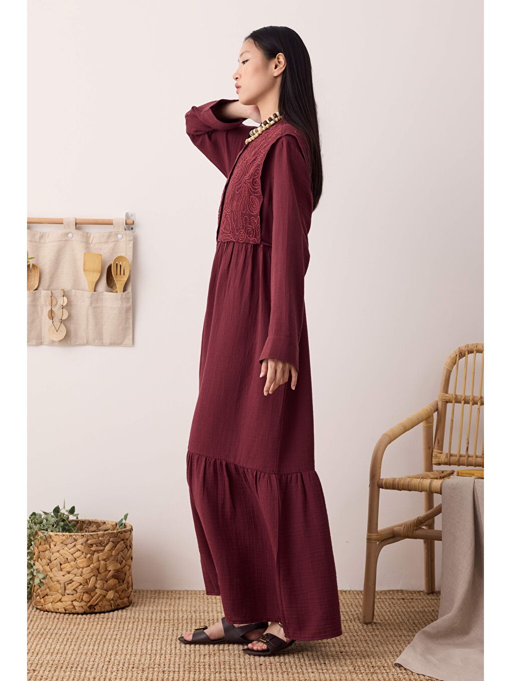 Önü Ters Rüzgarlıklı Elbise Bordo-3