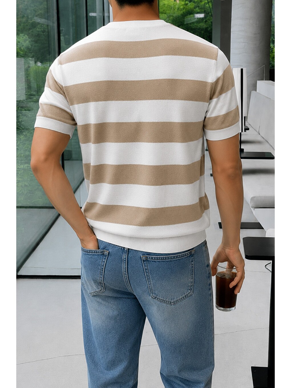 Bej Erkek Çizgili Triko Tişört Bisiklet Yaka Slim Fit Yazlık İnce Dokulu-2