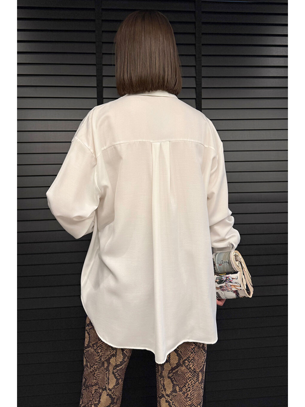 Ekru Kadın Tek Cepli Salaş Gömlek-3