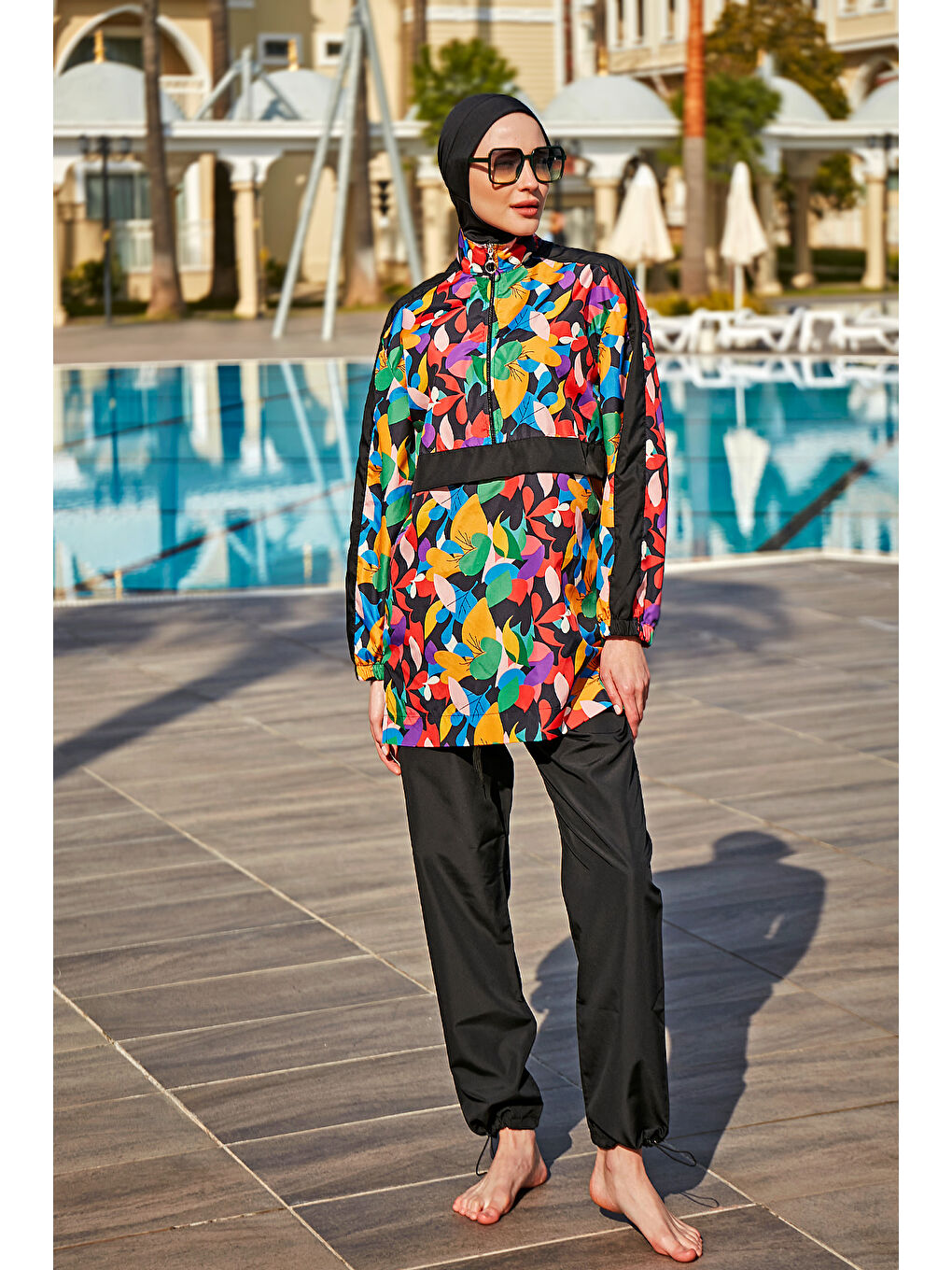 Siyah Remsa Paraşüt Tam Kapalı Tesettür Mayo R4703 Sariye SİYAH-2