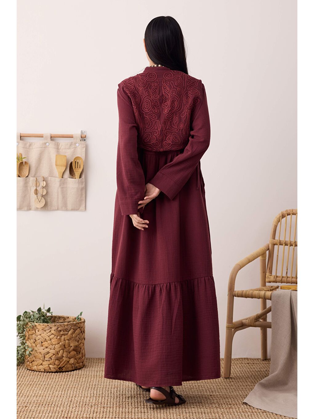 Önü Ters Rüzgarlıklı Elbise Bordo-4