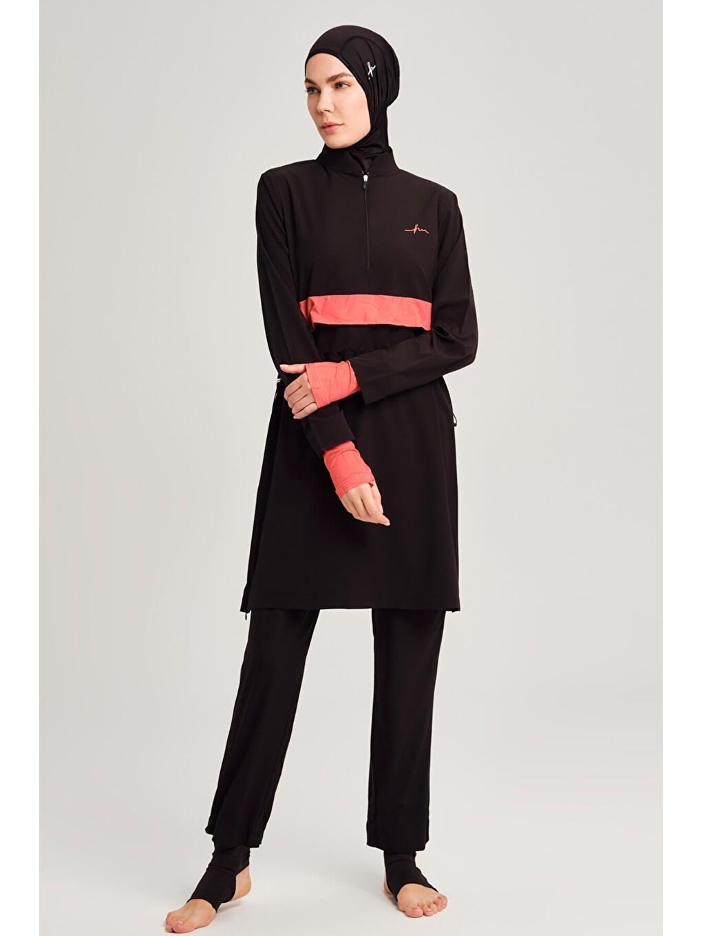 Esila Şerit Monogram Siyah Turuncu Tam Tesettür Mayo Üstü 2934-1