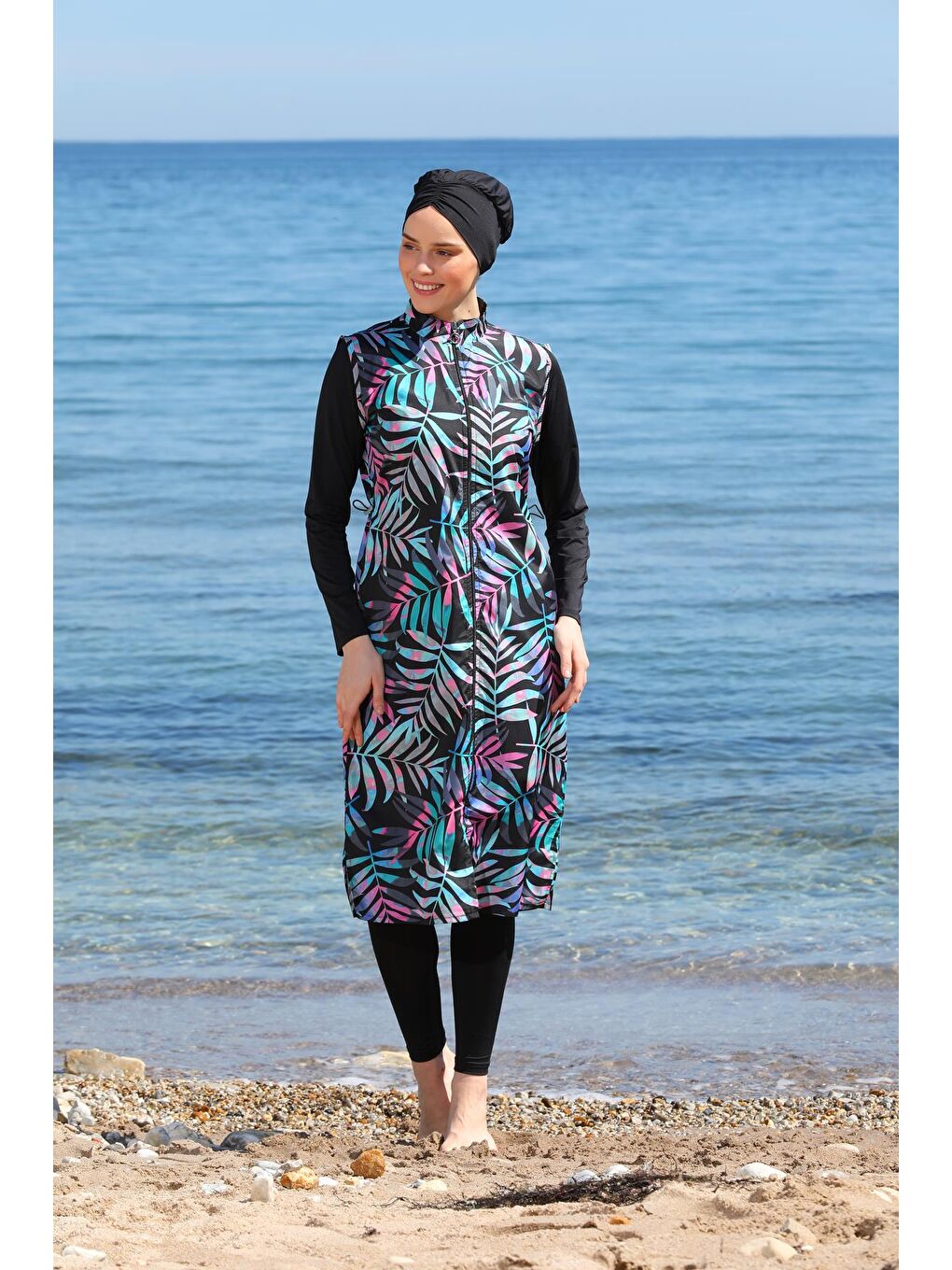 Siyah Dijital Baskılı Uzun Jile Model Kapalı Tesettür Mayo 3470-2