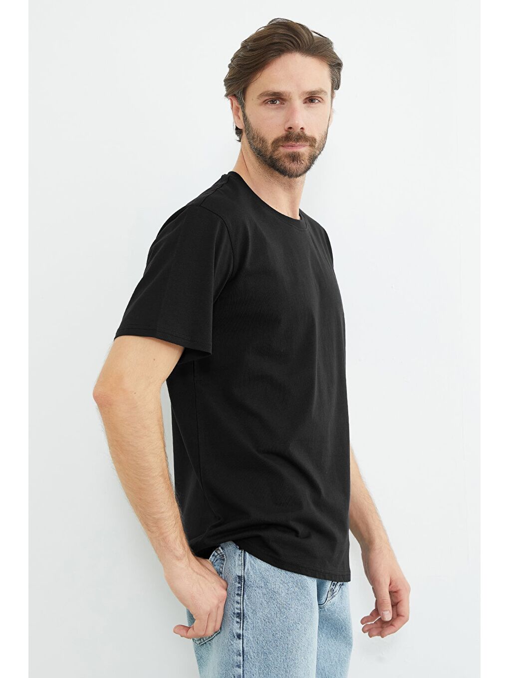 Siyah Basic Bisiklet Yaka Tişört-2