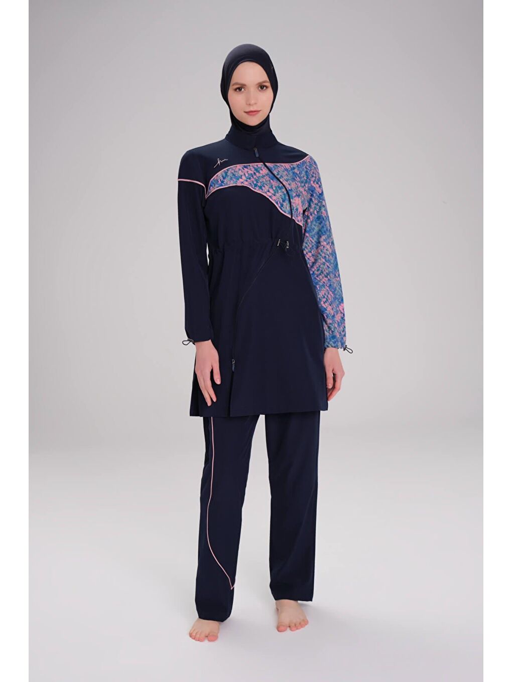 Kolu Desenli Lacivert Esnek Dokuma 6 Parça Tam Tesettür Mayo Takımı 3095