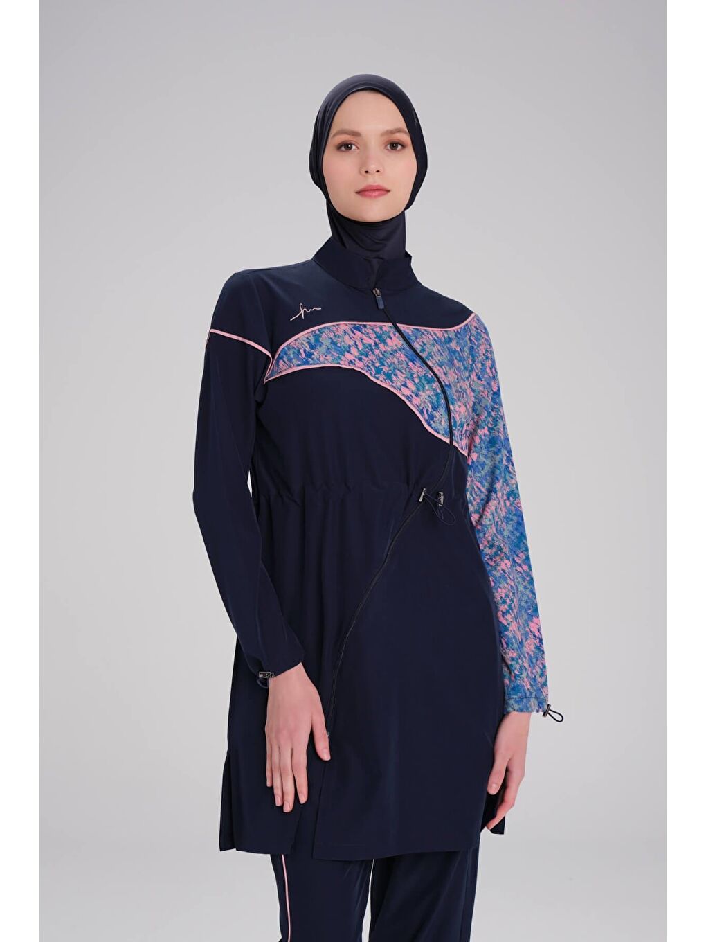 Kolu Desenli Lacivert Esnek Dokuma 6 Parça Tam Tesettür Mayo Takımı 3095-1
