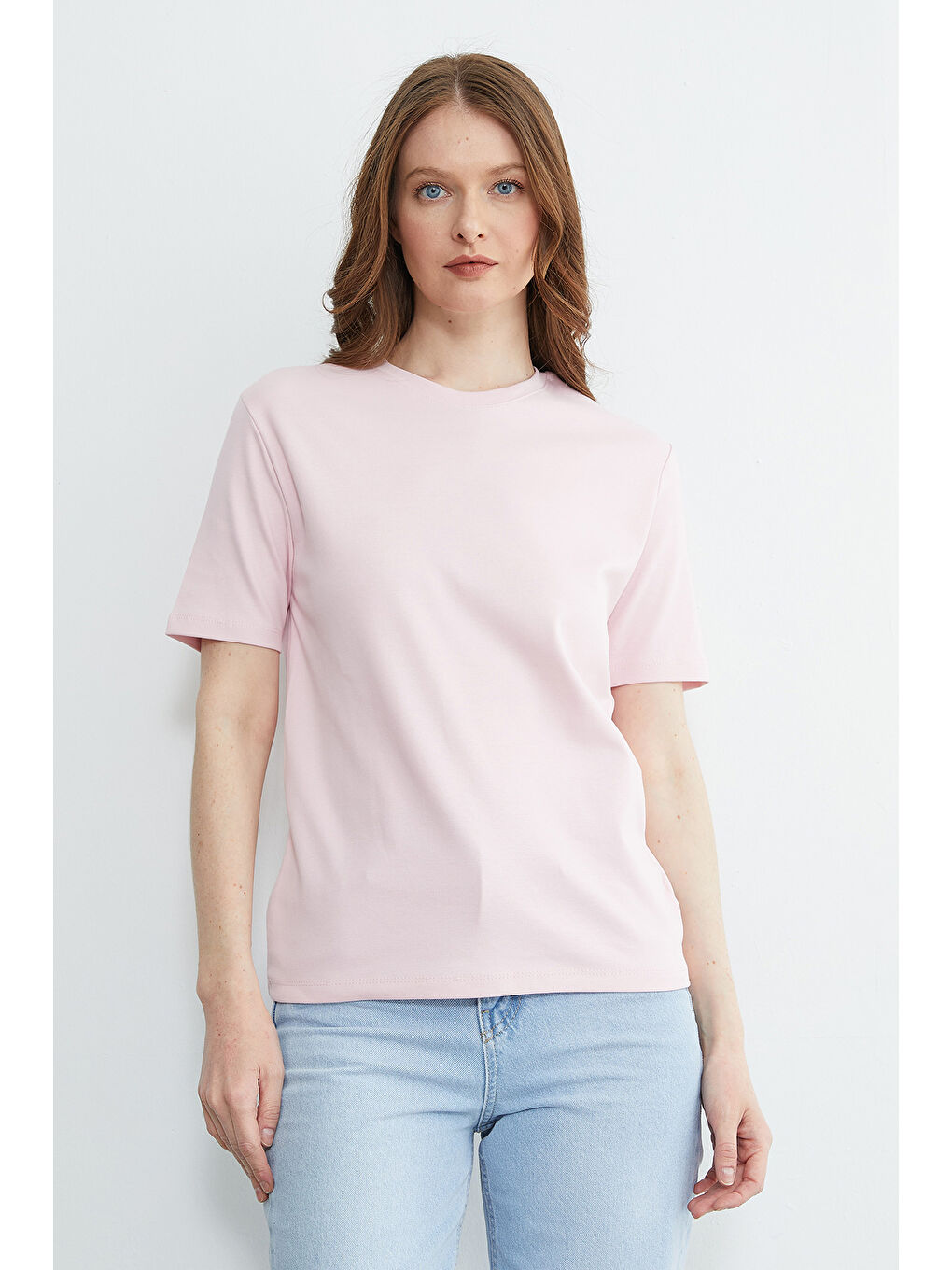 Pembe Basic Bisiklet Yaka Salaş Tişört-1