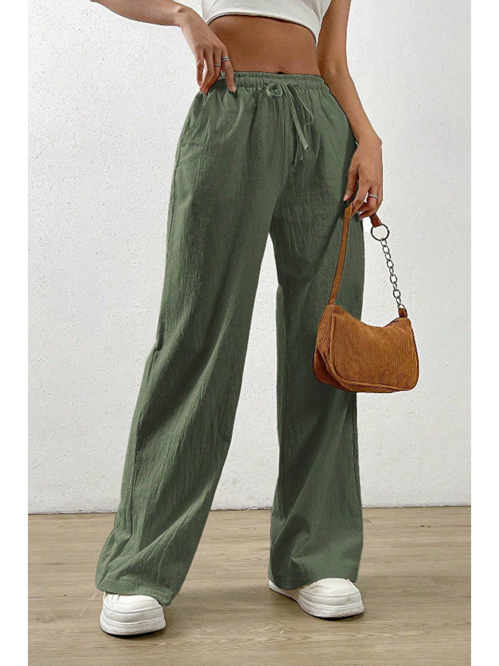 Açık Haki Bol Paça Müslin Kadın Pantolon-2