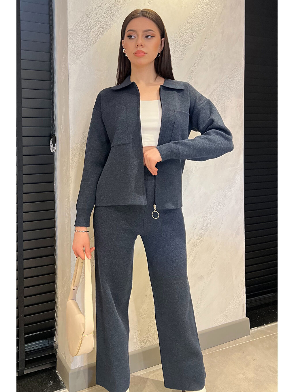 Lacivert Kadın Çift Cepli Triko Hırka Pantolon İkili Takım (s-m-l Beden Uyumludur.)-1