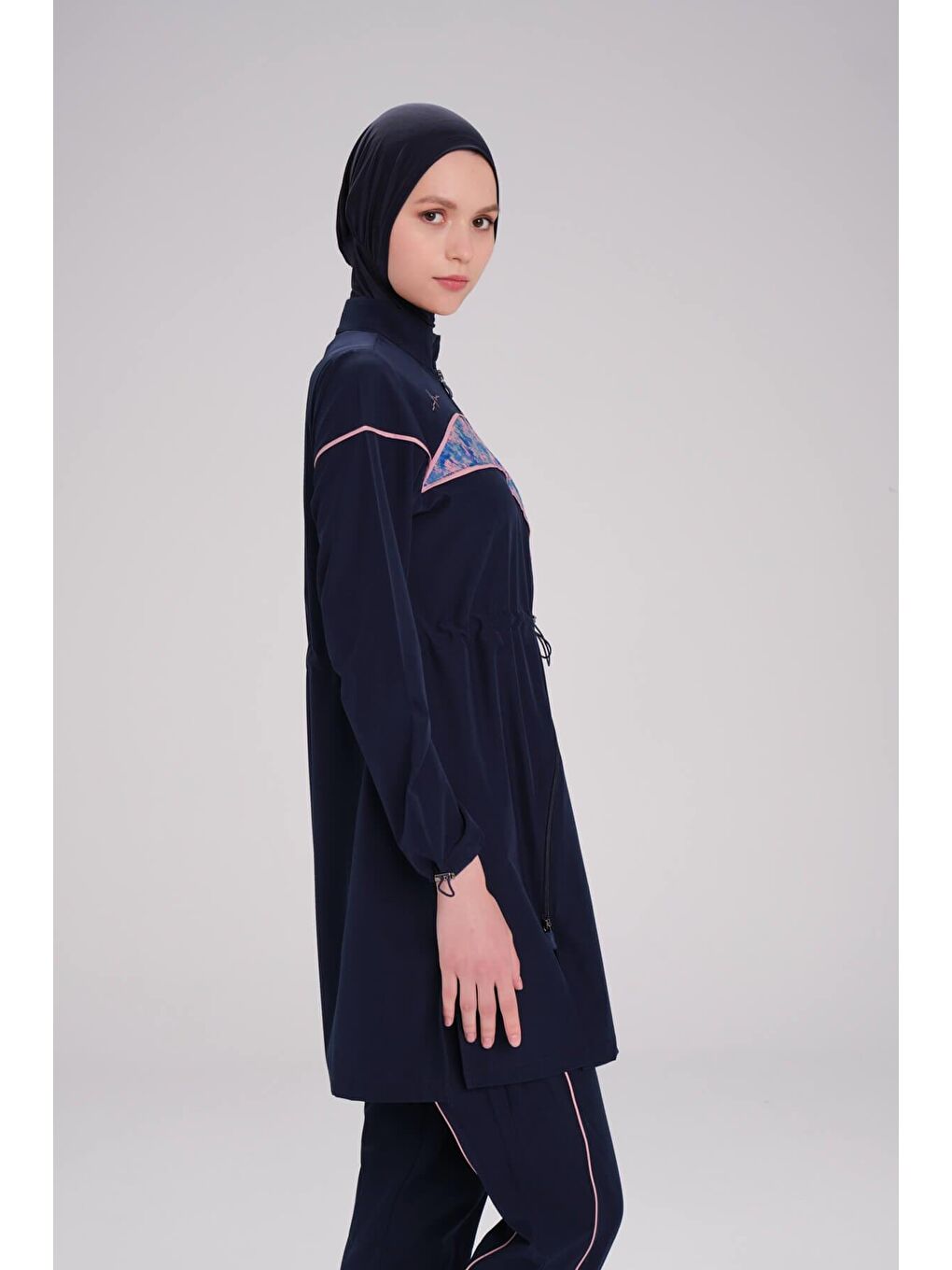 Kolu Desenli Lacivert Esnek Dokuma 6 Parça Tam Tesettür Mayo Takımı 3095-2