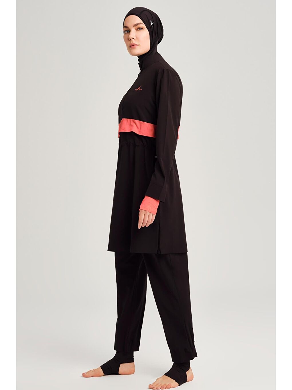 Esila Şerit Monogram Siyah Turuncu Tam Tesettür Mayo Üstü 2934-3