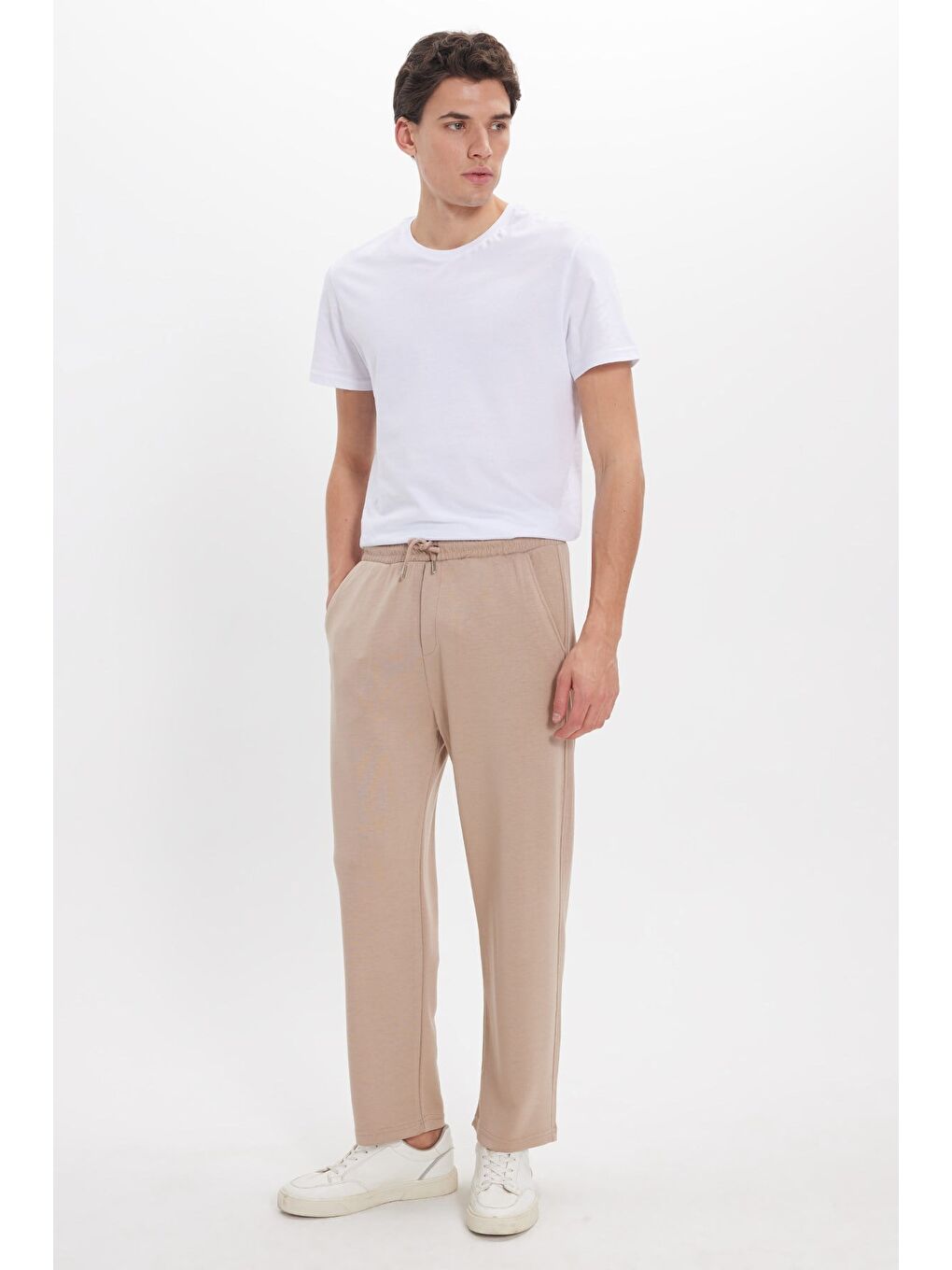 Kahverengi Erkek Koyu Vizon Baggy Fit Rahat Kesim Modal Kumaş Soft Doku Beli Bağcıklı Yan Cepli Eşofman Altı-2