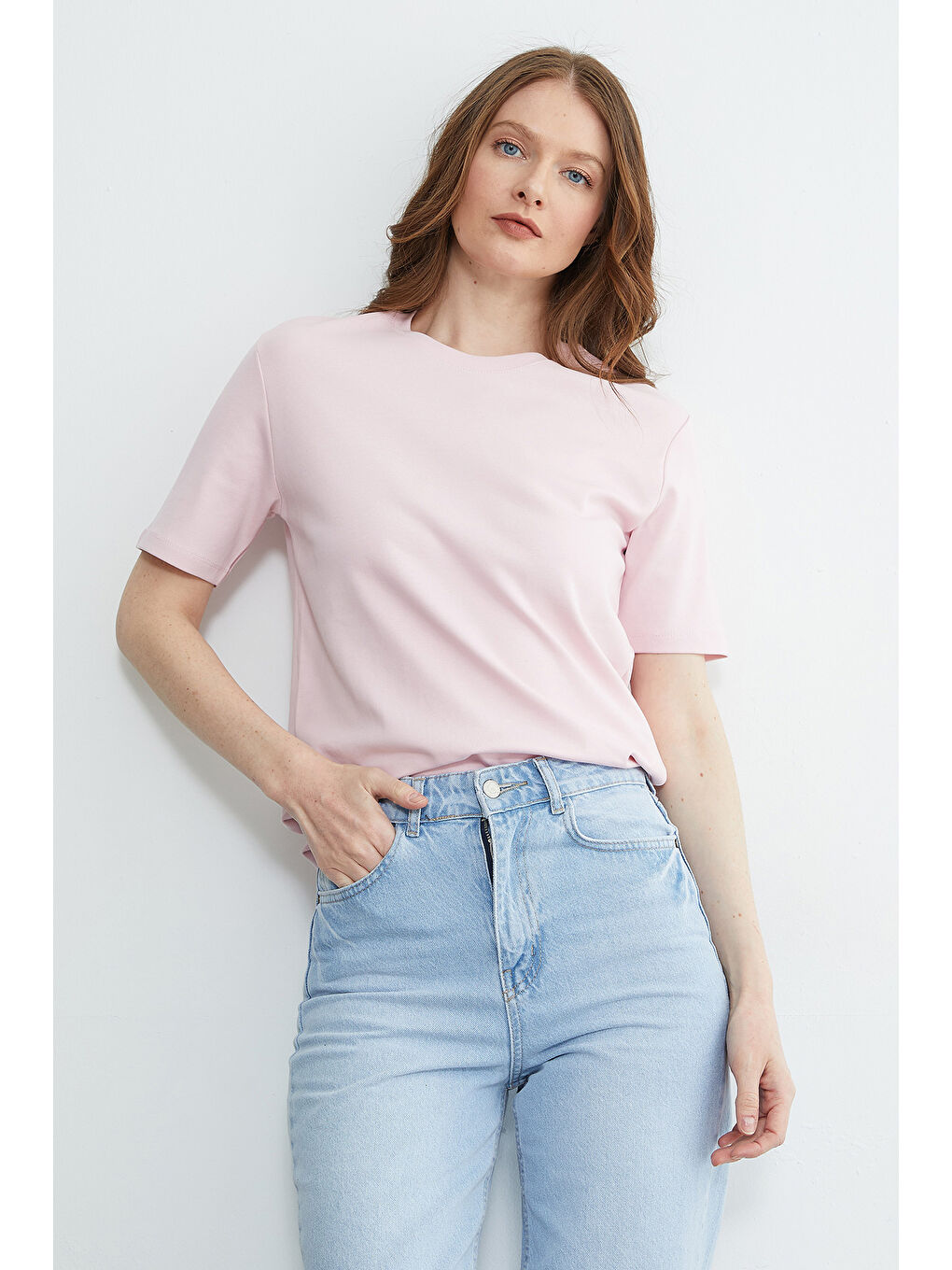 Pembe Basic Bisiklet Yaka Salaş Tişört-2