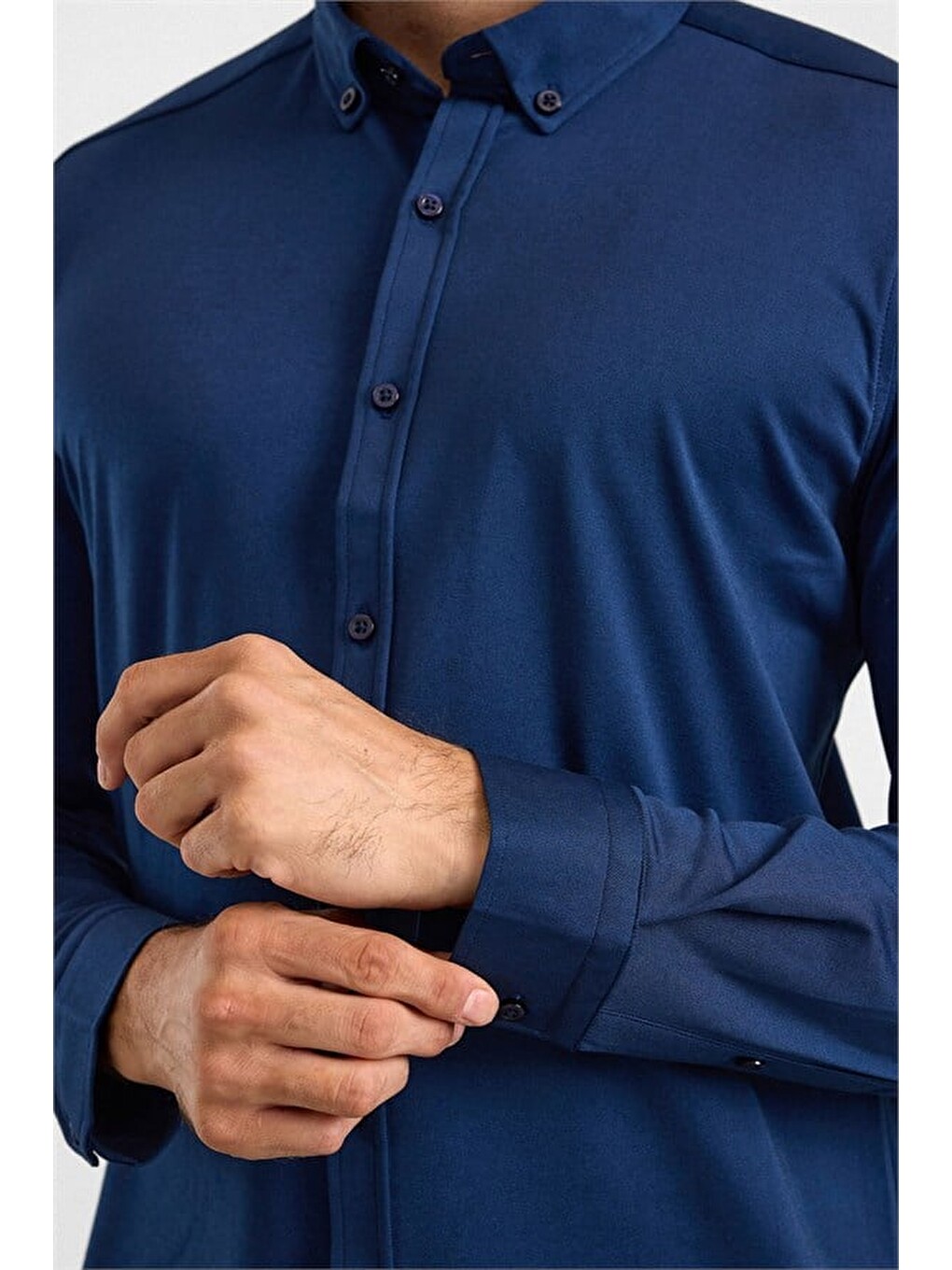 Lacivert Slim Düğmeli Yaka Manşetli Casual Gömlek-2