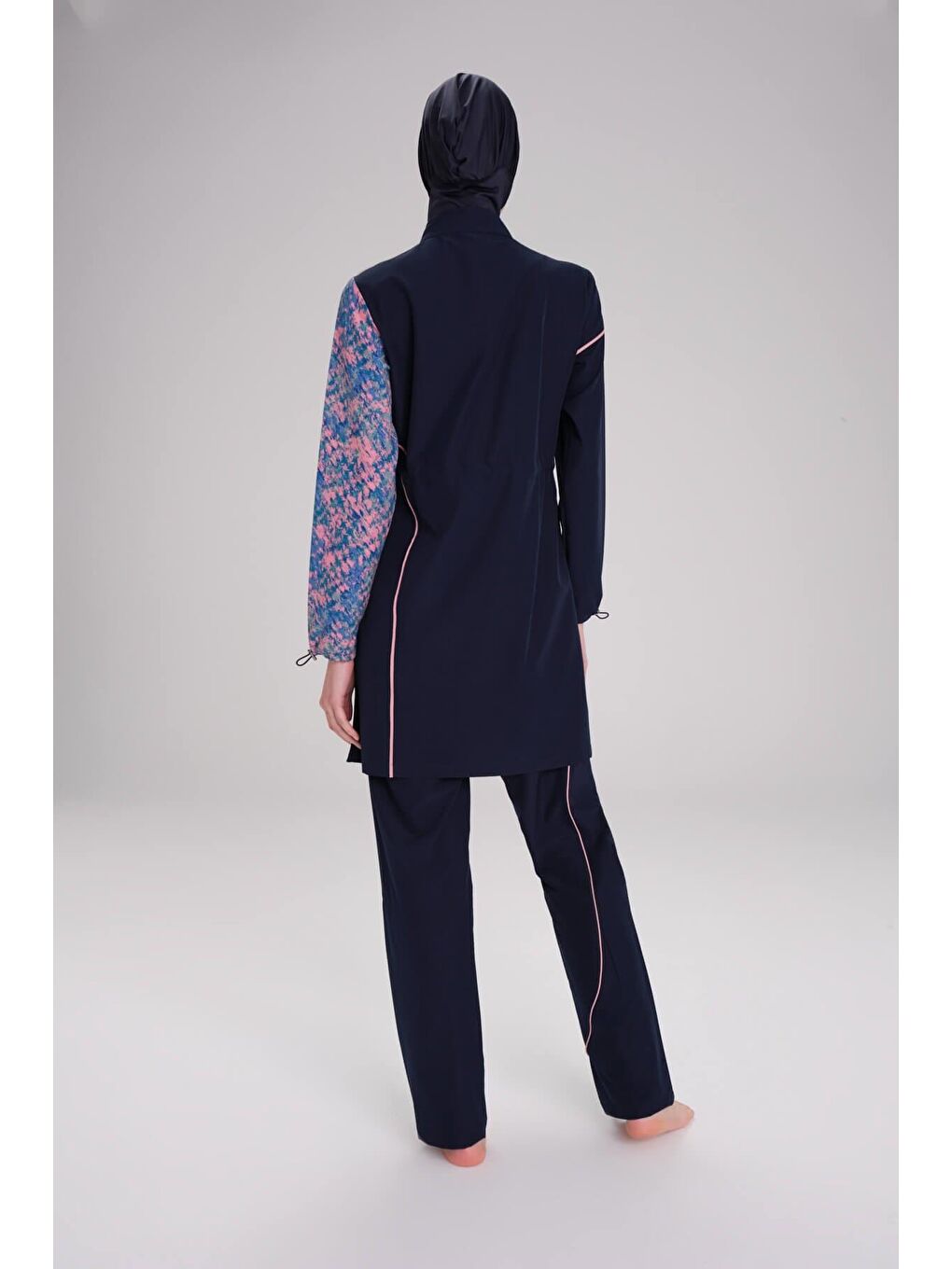 Kolu Desenli Lacivert Esnek Dokuma 6 Parça Tam Tesettür Mayo Takımı 3095-3