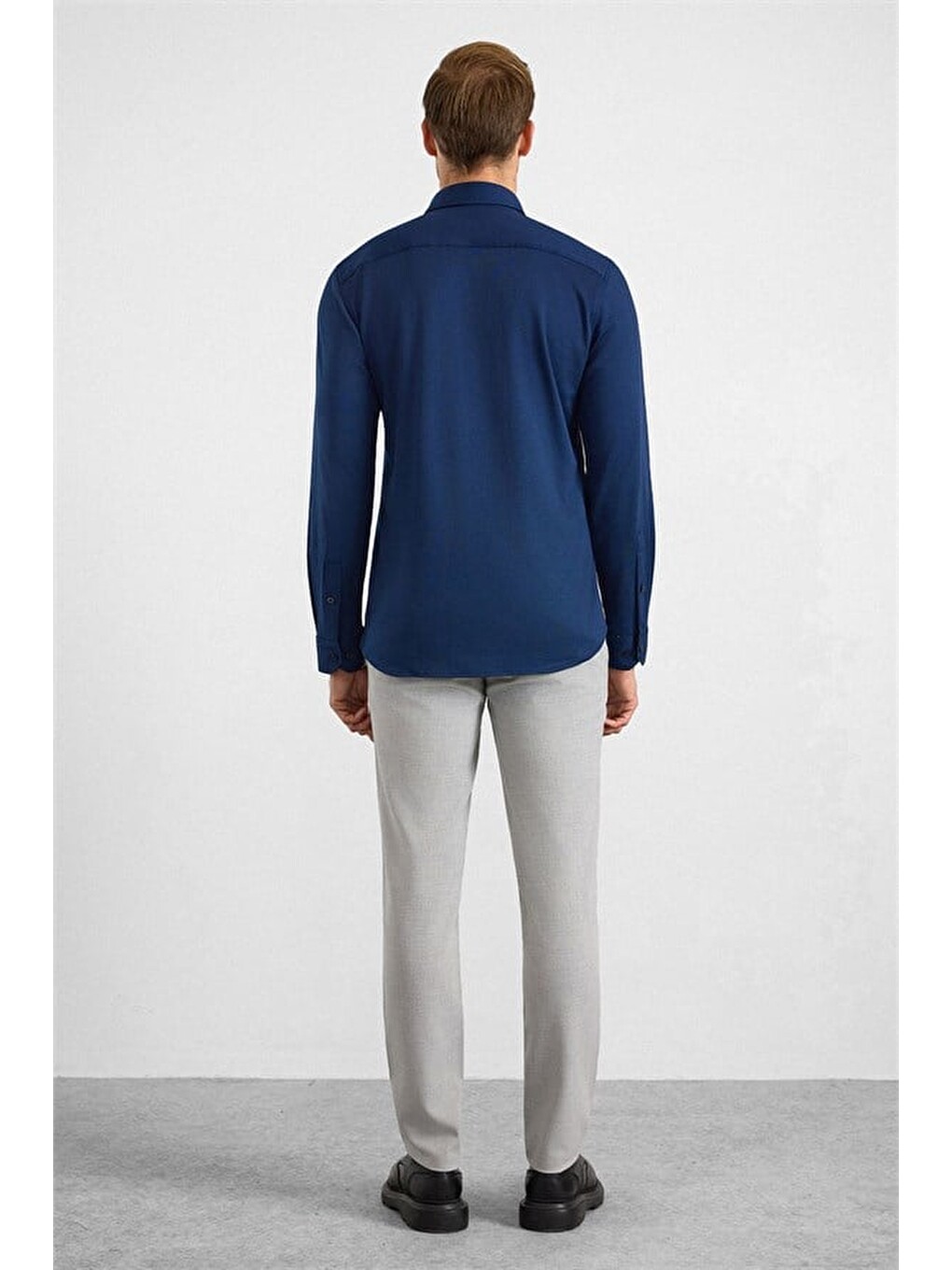 Lacivert Slim Düğmeli Yaka Manşetli Casual Gömlek-3