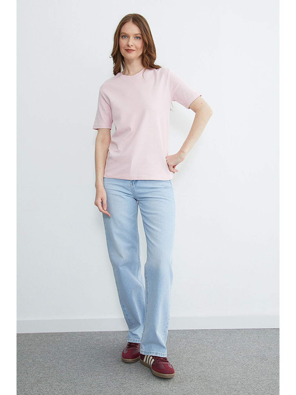 Pembe Basic Bisiklet Yaka Salaş Tişört-3