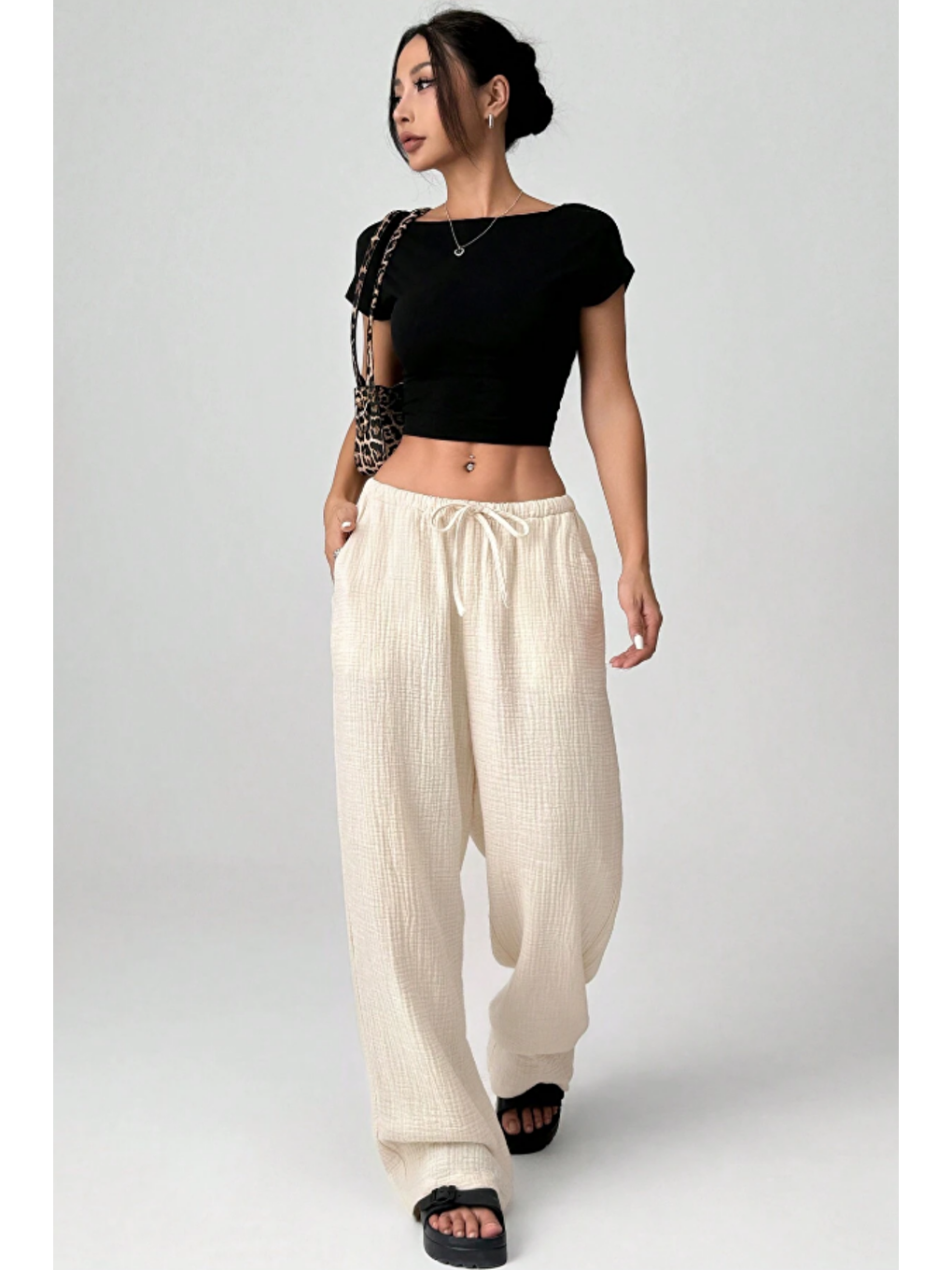 Bej Bol Paça Müslin Kadın Pantolon-4