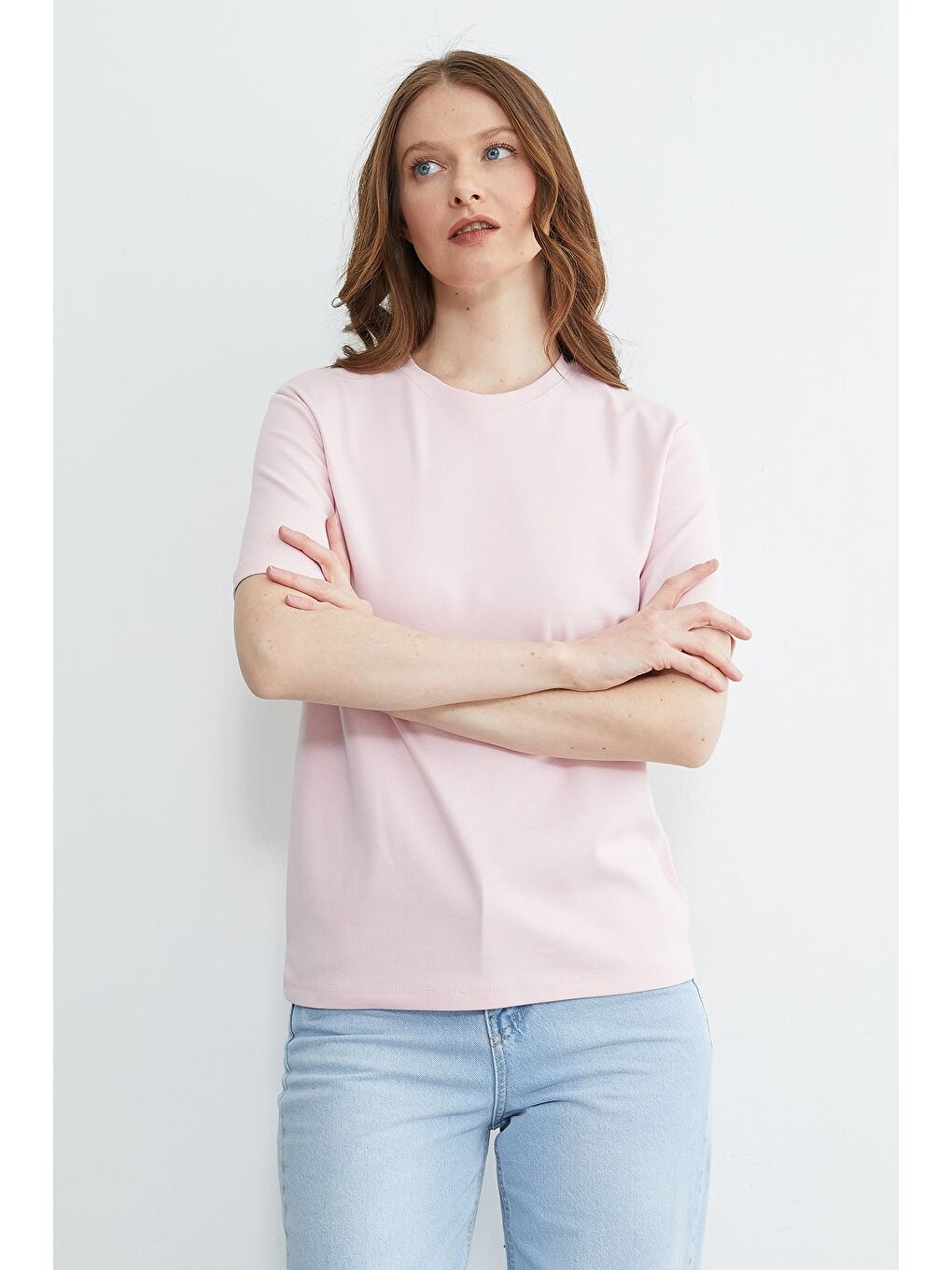 Pembe Basic Bisiklet Yaka Salaş Tişört-4