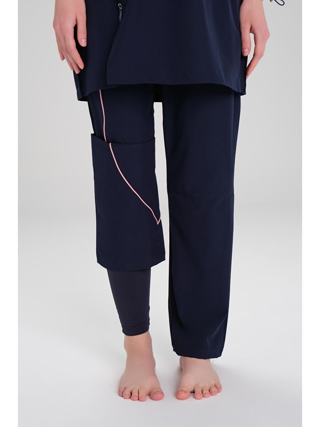 Kolu Desenli Lacivert Esnek Dokuma 6 Parça Tam Tesettür Mayo Takımı 3095-6