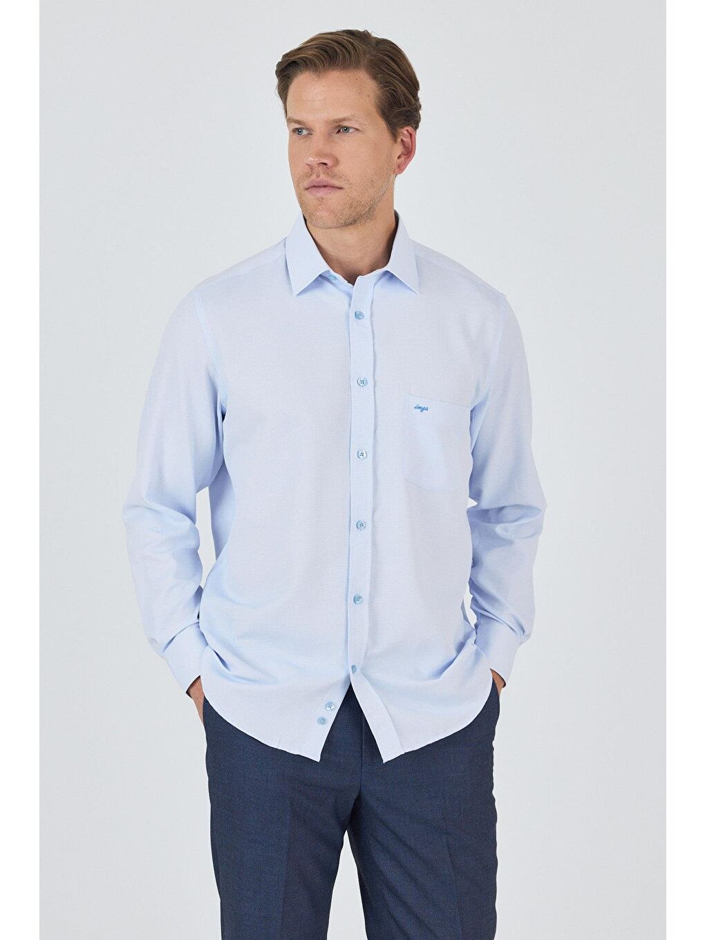 Mavi Uzun Kol Desenli Armürlü Sert Yaka Cepli Pamuklu Classic Comfort Fit Gömlek 1004250174