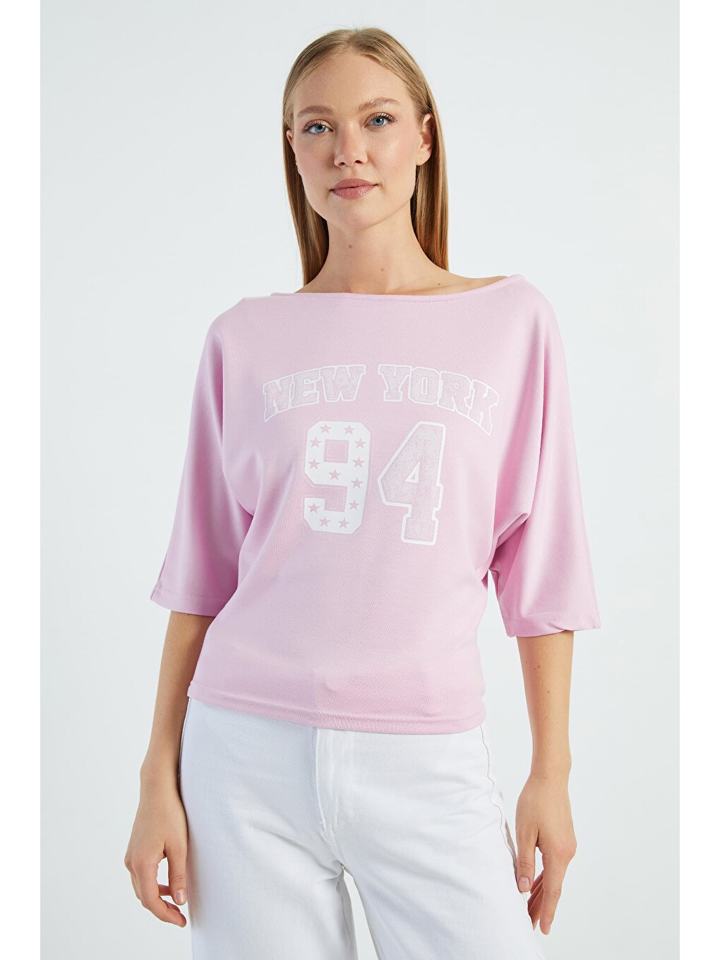 Pembe New York Baskılı Yarasa Kol Bluz-1
