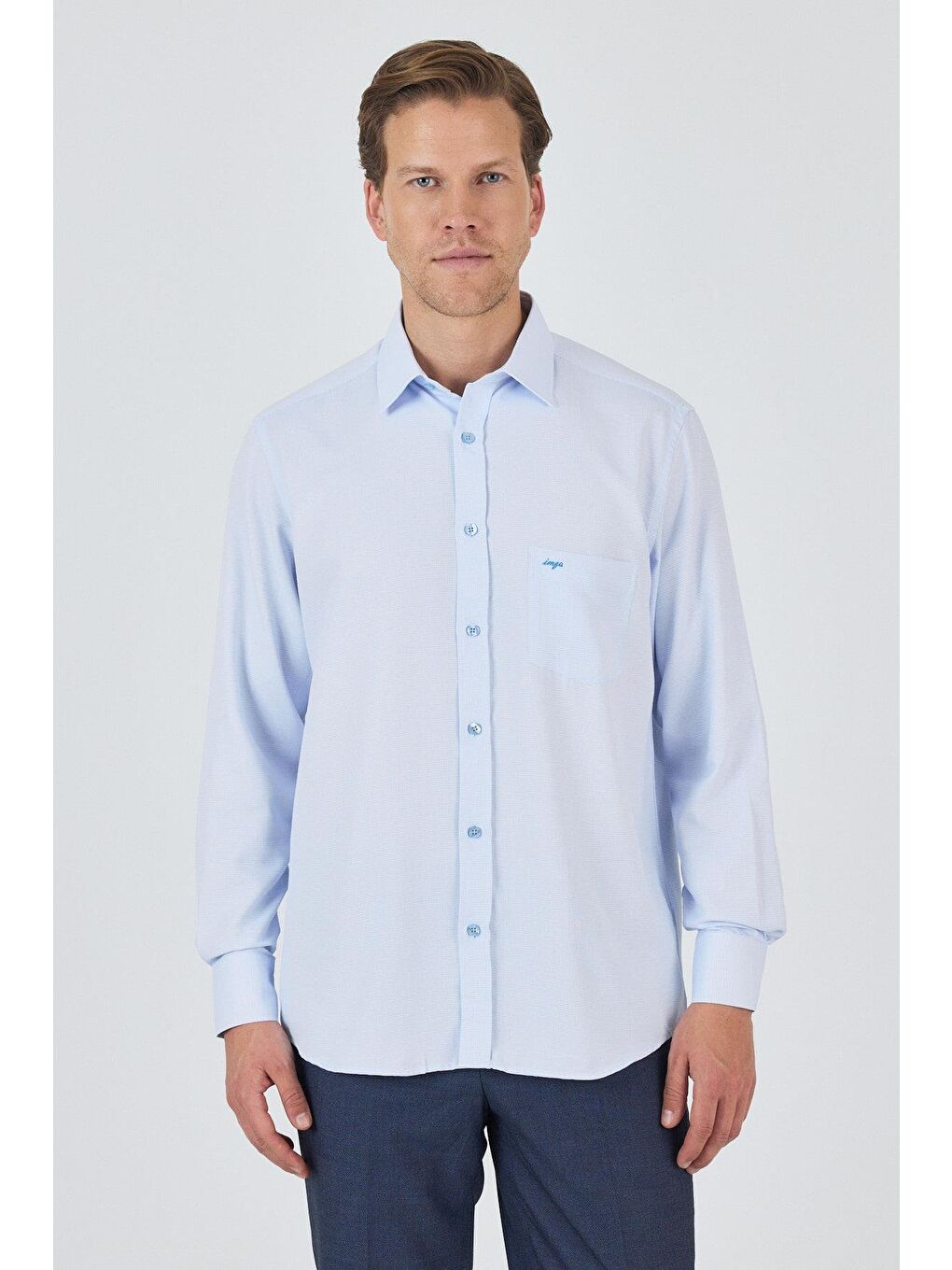 Mavi Uzun Kol Desenli Armürlü Sert Yaka Cepli Pamuklu Classic Comfort Fit Gömlek 1004250174-3