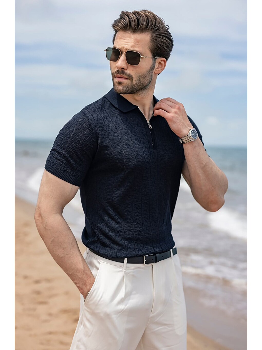 Lacivert Regular Fit Polo Yaka Triko Erkek Tişört E7503