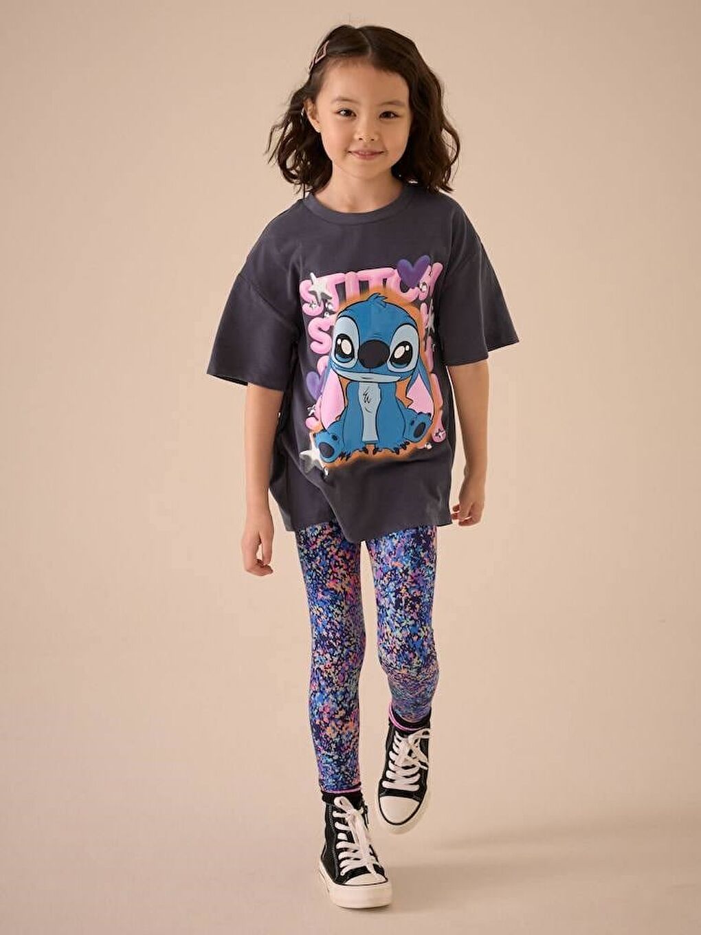 Beyaz Kız Çocuk Pamuklu Antrasit Tişört Tayt Takım-1