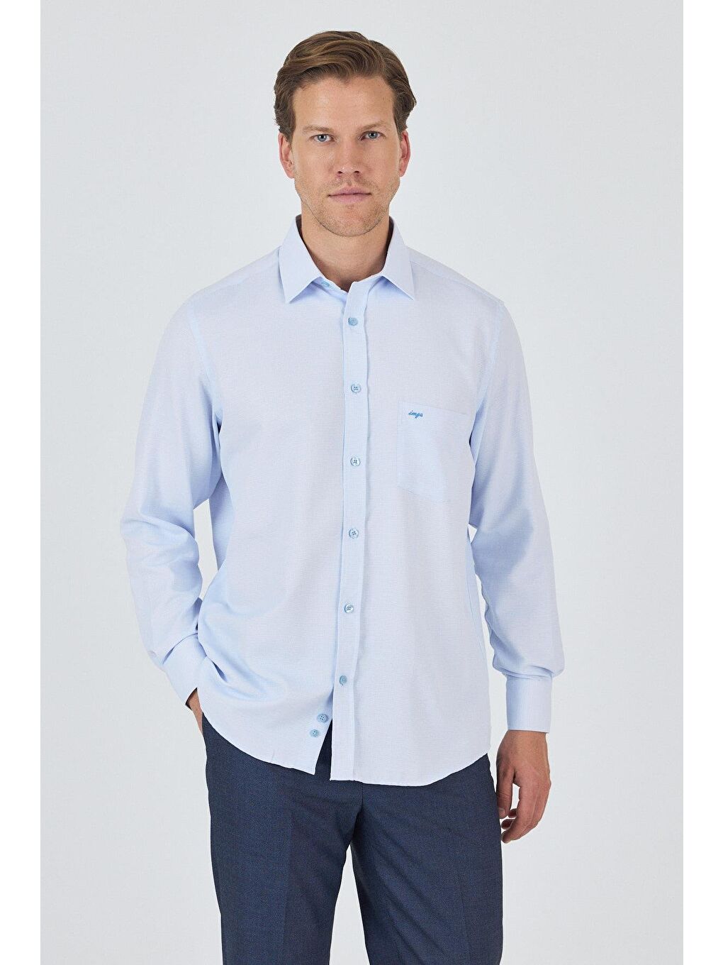 Mavi Uzun Kol Desenli Armürlü Sert Yaka Cepli Pamuklu Classic Comfort Fit Gömlek 1004250174-4