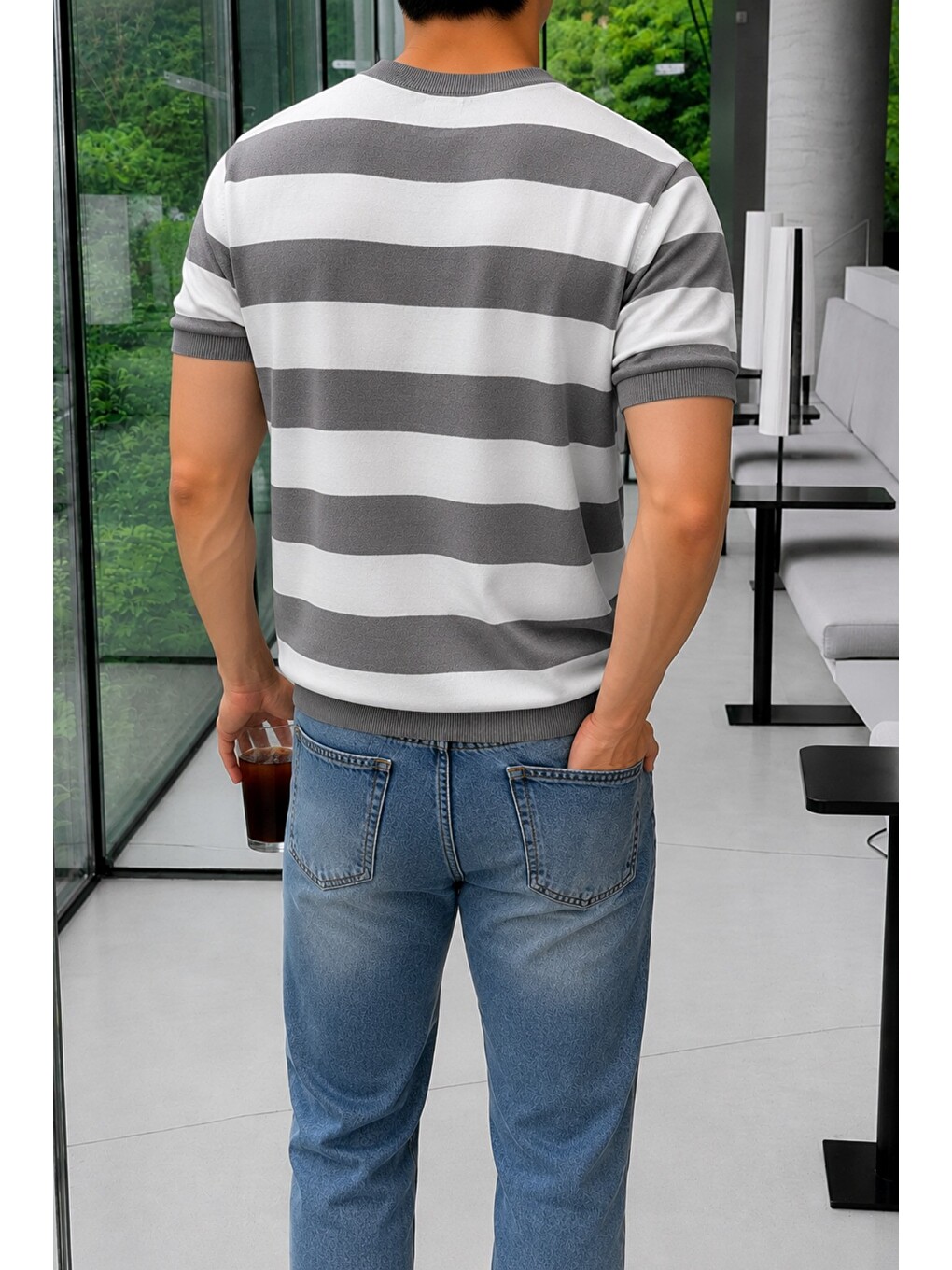 Gri Erkek Çizgili Triko Tişört Bisiklet Yaka Slim Fit Yazlık İnce Dokulu-2