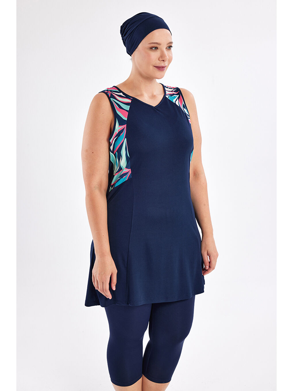 Büyük Beden Sıfır Kollu Yarı Kapalı Mayo 3806 Koyu Lacivert