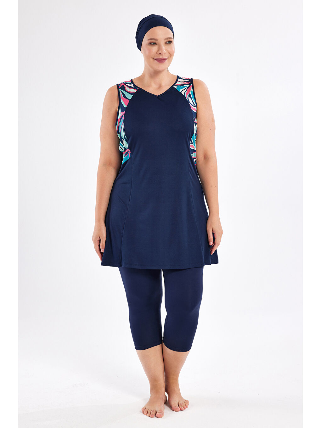 Büyük Beden Sıfır Kollu Yarı Kapalı Mayo 3806 Koyu Lacivert-1