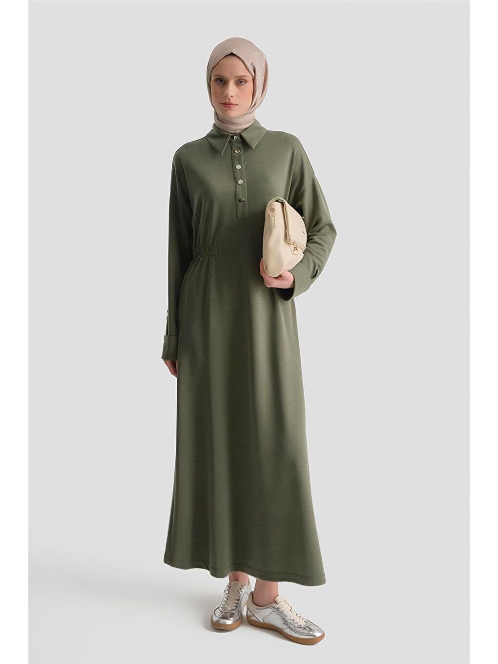 Beli Lastikli Modal Elbise Haki