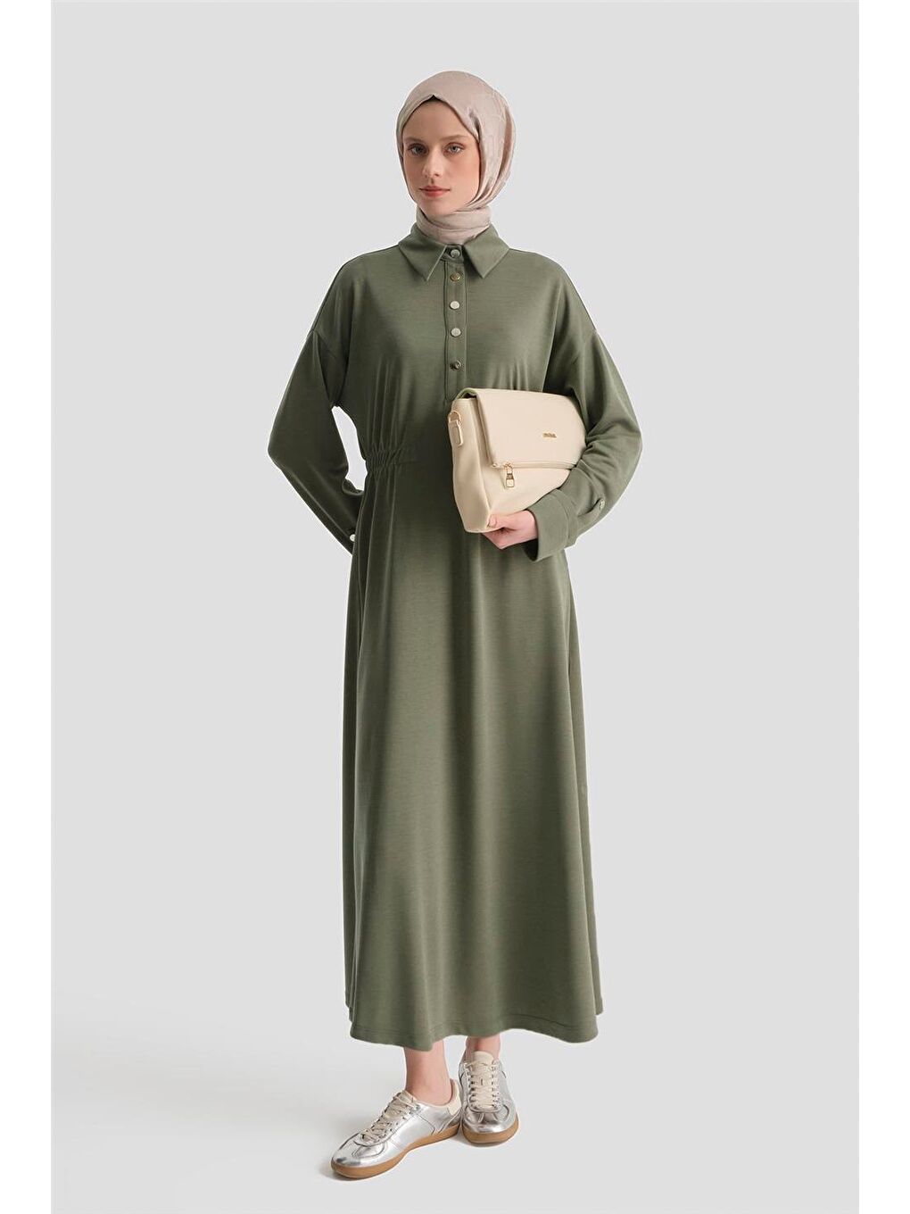 Beli Lastikli Modal Elbise Haki-1