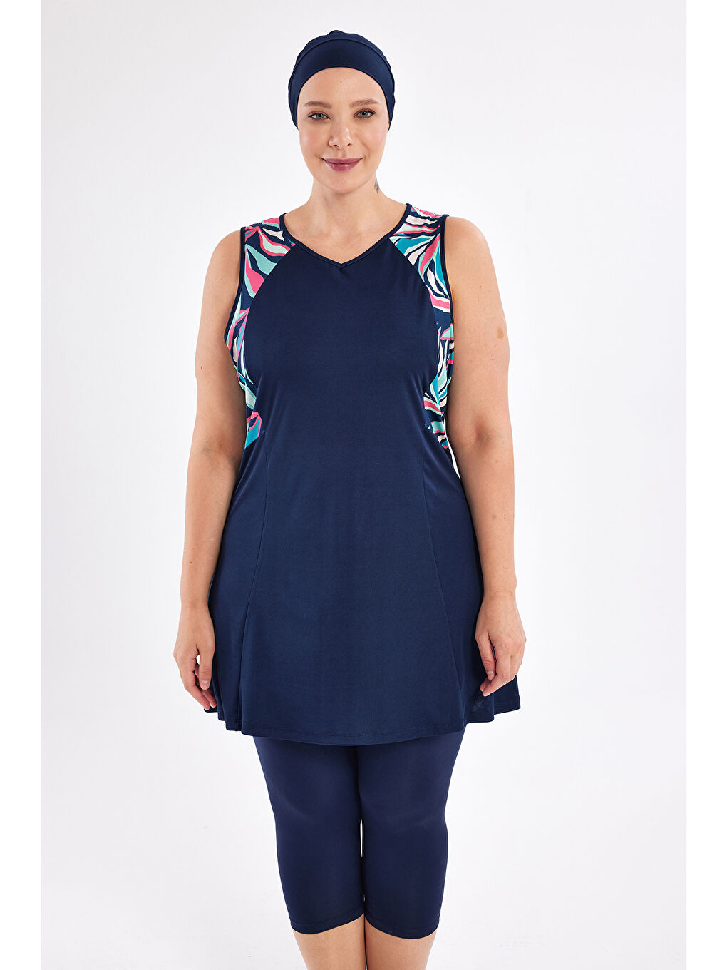 Büyük Beden Sıfır Kollu Yarı Kapalı Mayo 3806 Koyu Lacivert-2