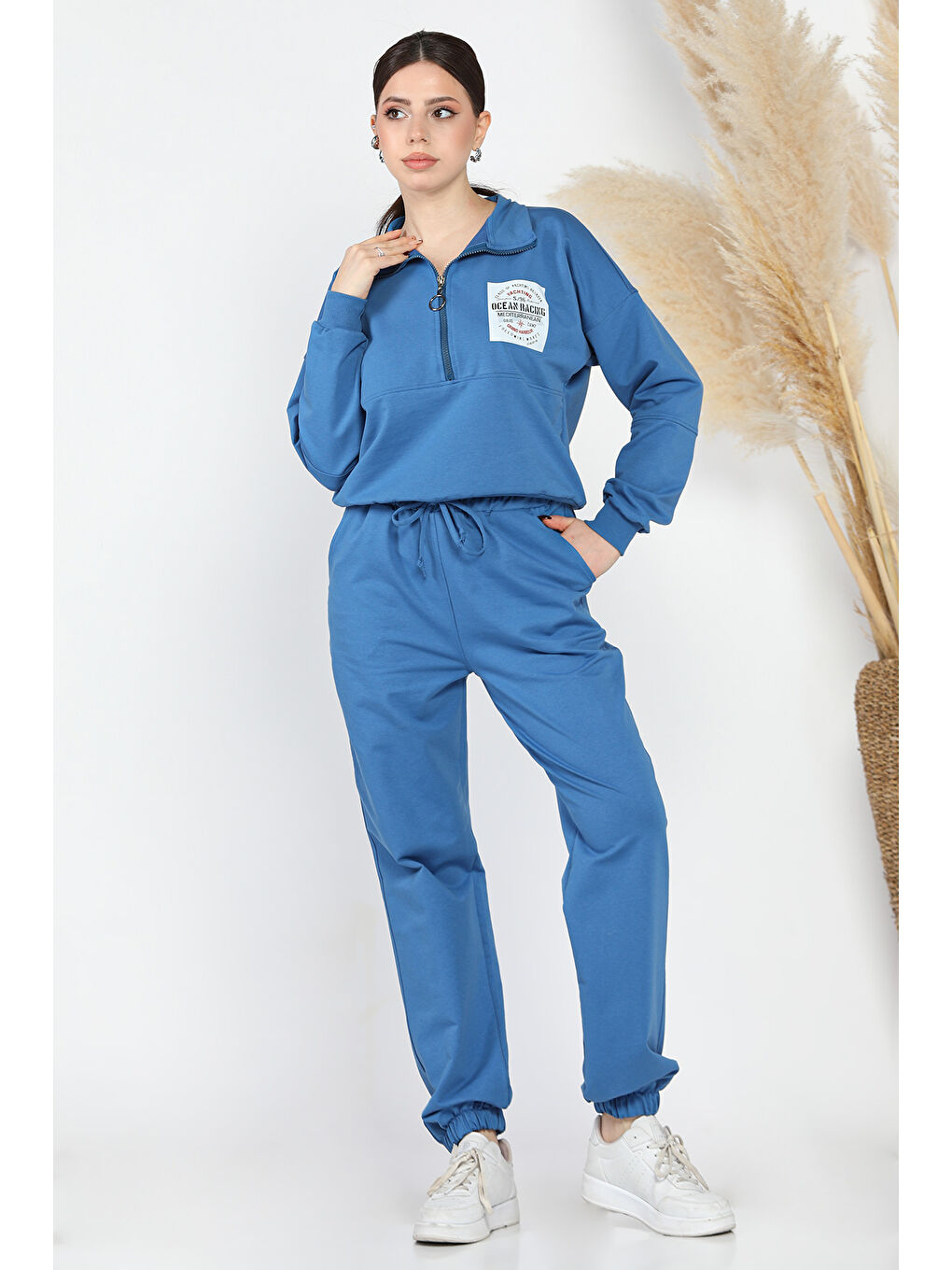 Mavi Kadın Dik Yaka Yarım Fermuarlı Sweat Pantolon Eşofman Takımı-1