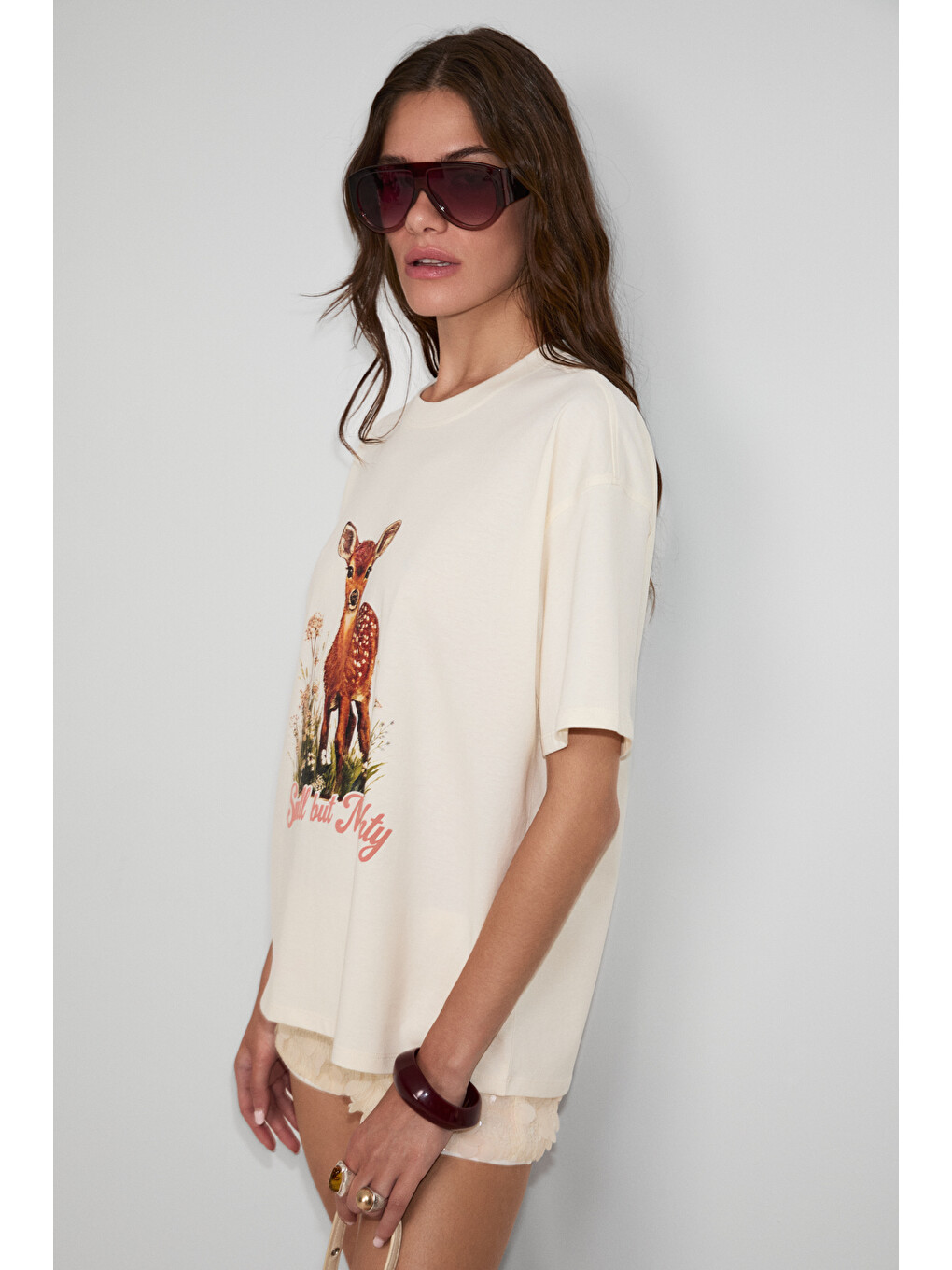 Orıstano Kadın %100 Organik Pamuklu Kalın Dokulu Oversize Fit Baskılı Ekru T-shirt-2
