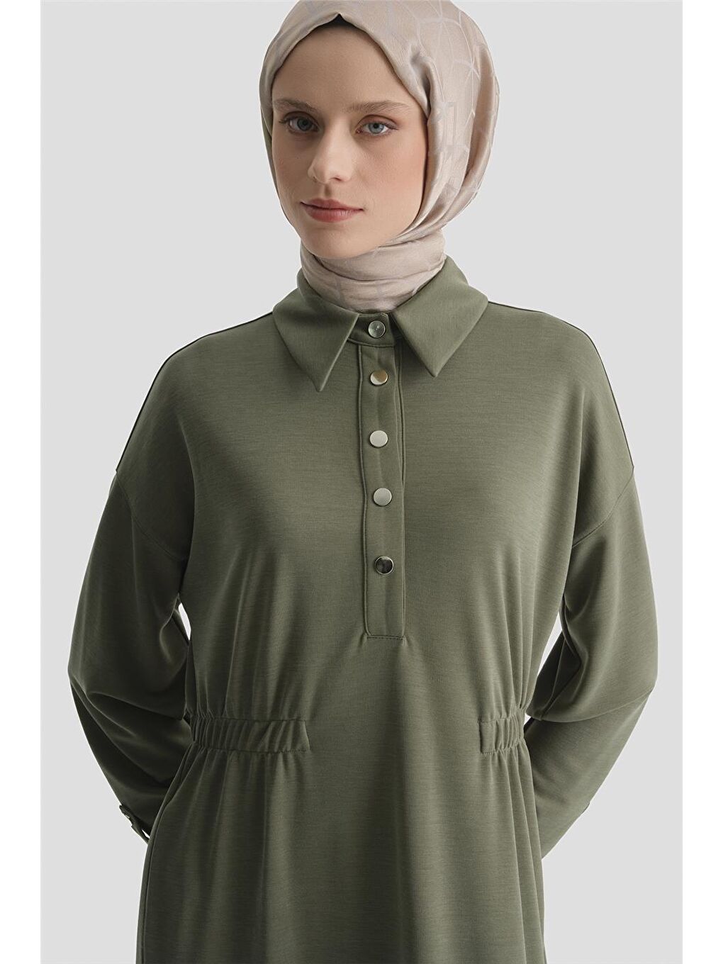 Beli Lastikli Modal Elbise Haki-2