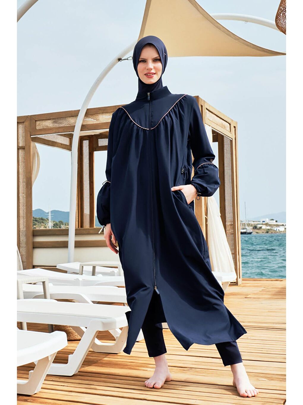 Tam Boy Cepli Jileli Lacivert 5 Parça Tam Tesettür Mayo Takımı 4052