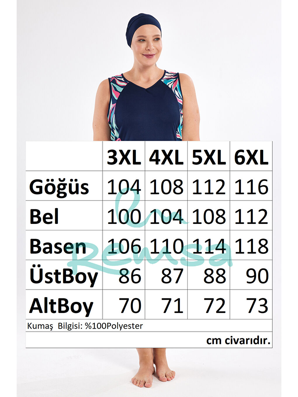 Büyük Beden Sıfır Kollu Yarı Kapalı Mayo 3806 Koyu Lacivert-3