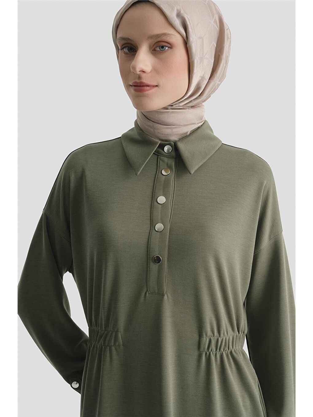 Beli Lastikli Modal Elbise Haki-3