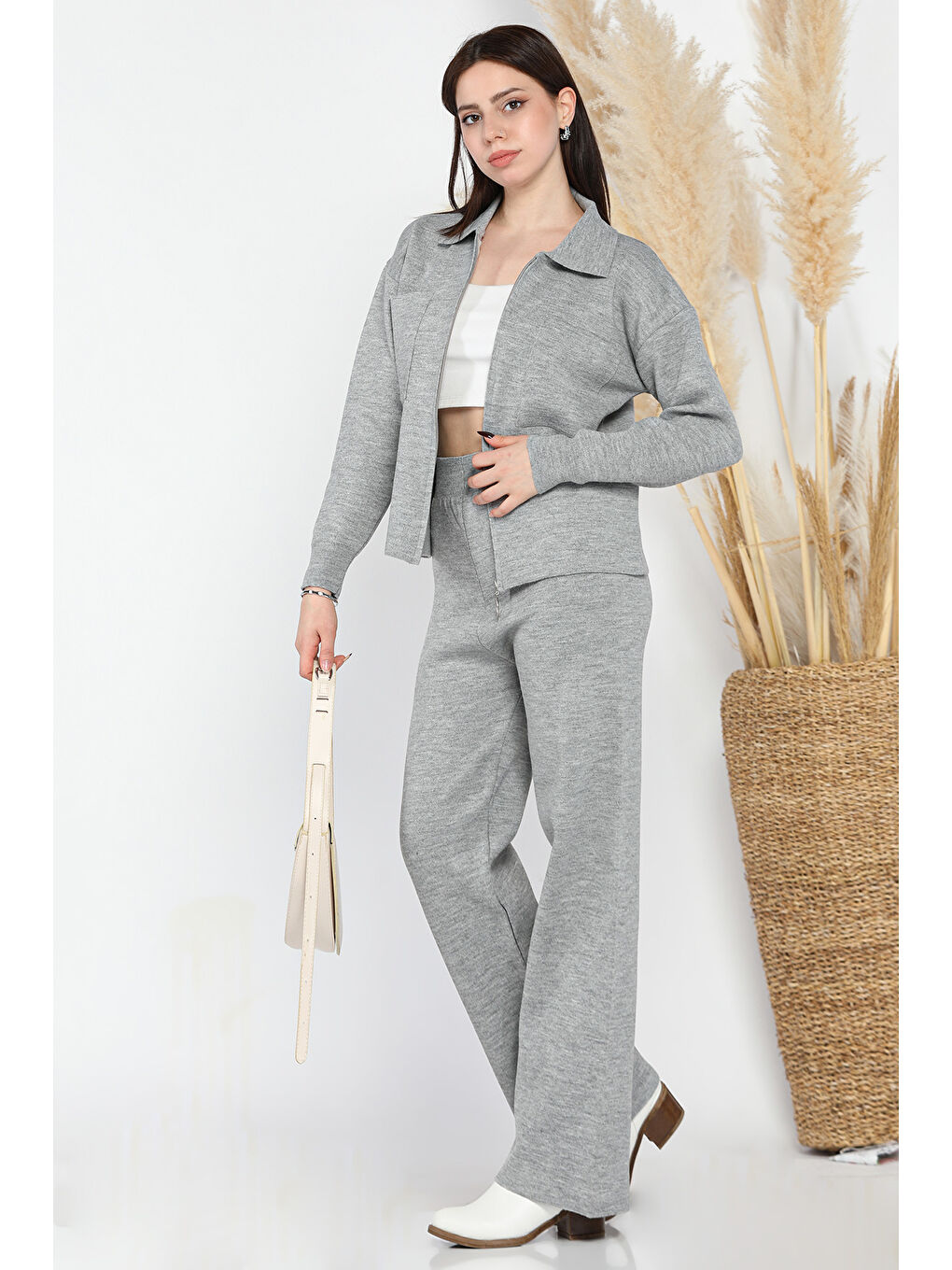 Gri Kadın Çift Cepli Triko Hırka Pantolon İkili Takım (s-m-l Beden Uyumludur.)-1