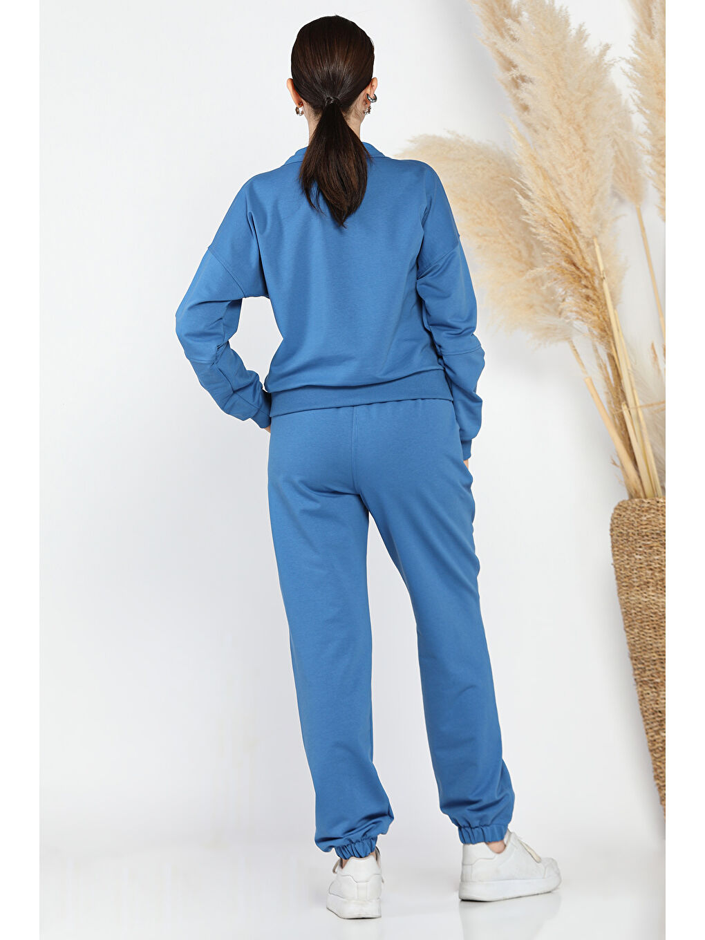 Mavi Kadın Dik Yaka Yarım Fermuarlı Sweat Pantolon Eşofman Takımı-2