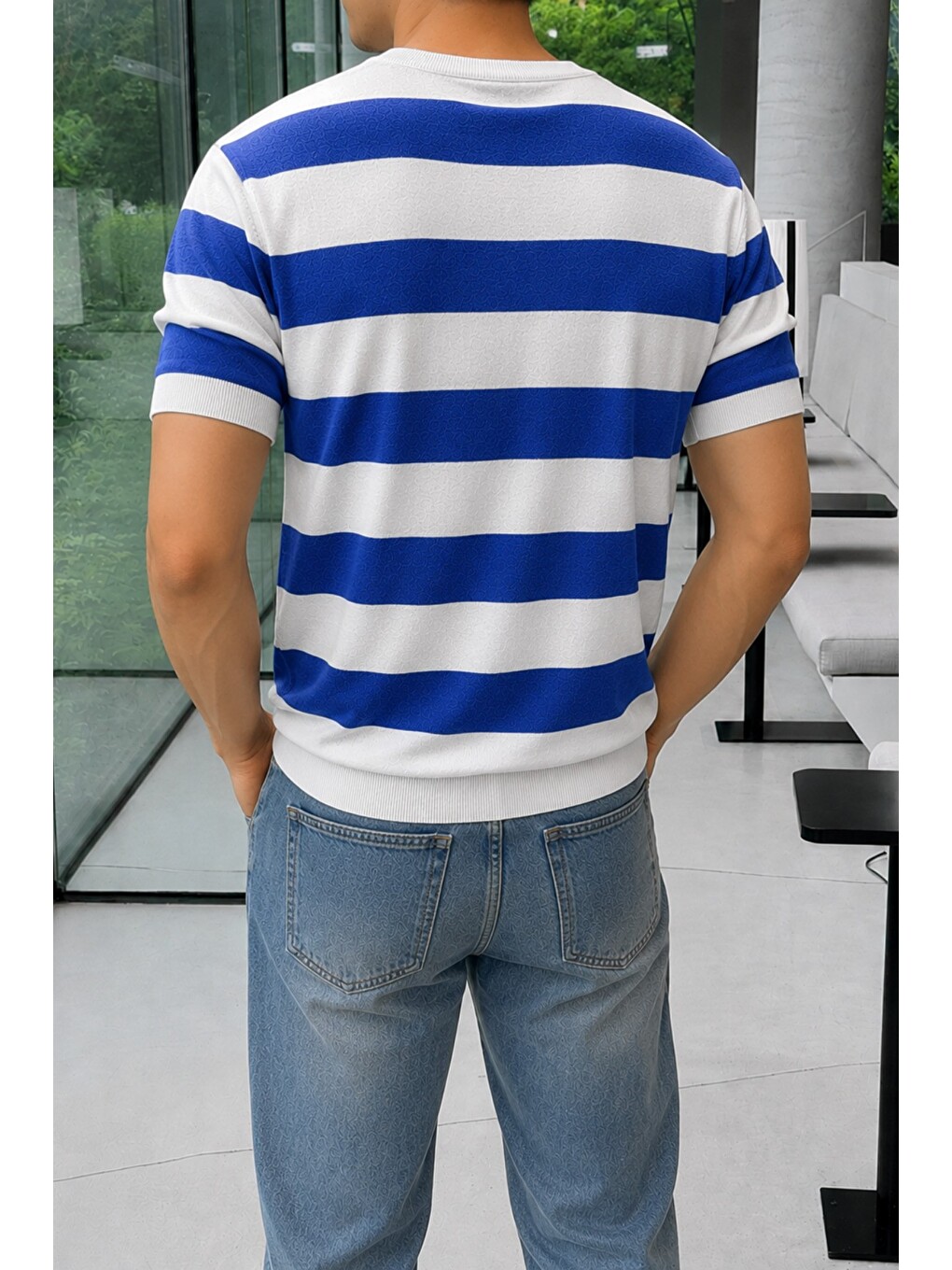 Lacivert Erkek Çizgili Triko Tişört Bisiklet Yaka Slim Fit Yazlık İnce Dokulu-2