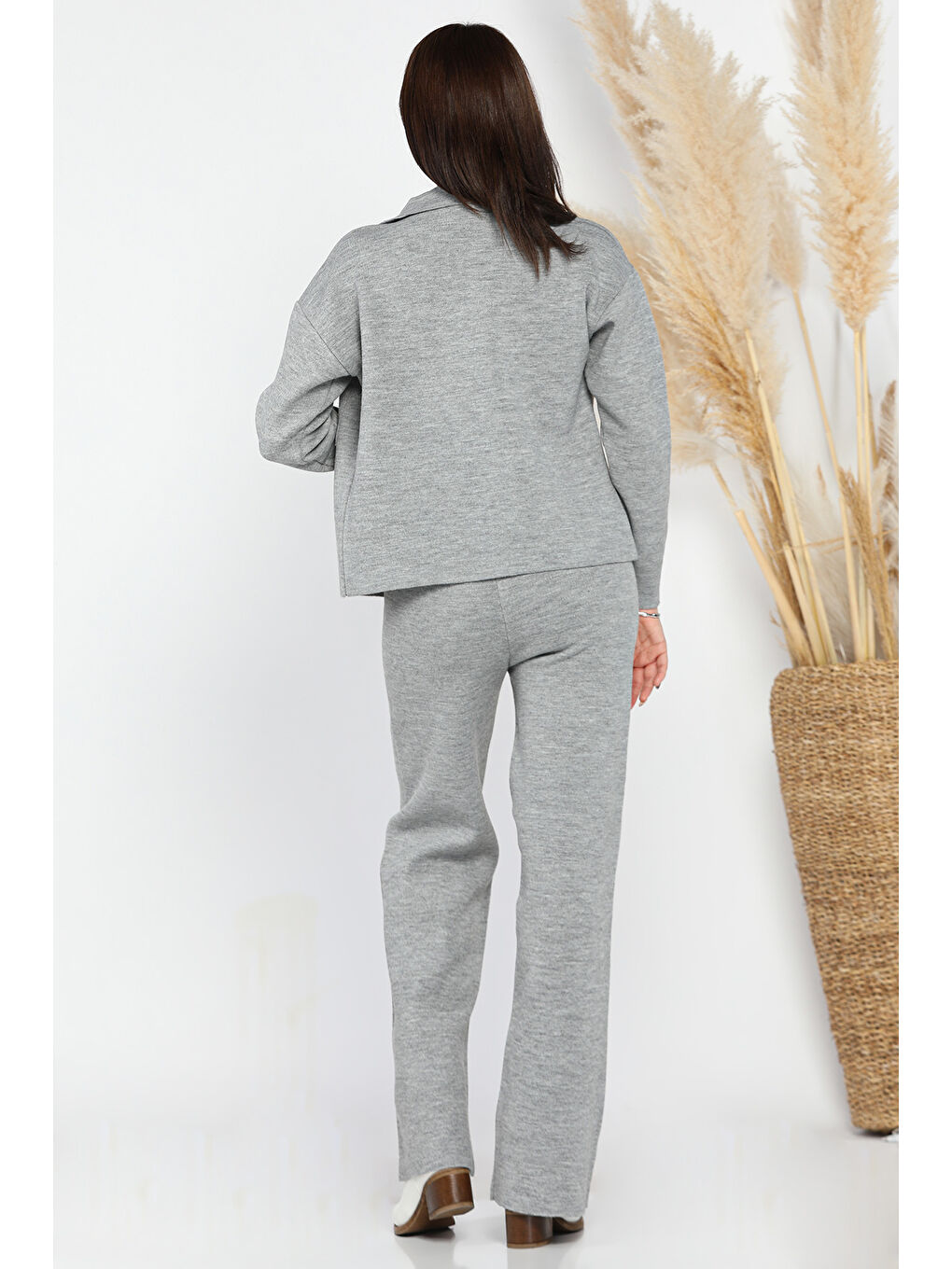 Gri Kadın Çift Cepli Triko Hırka Pantolon İkili Takım (s-m-l Beden Uyumludur.)-2