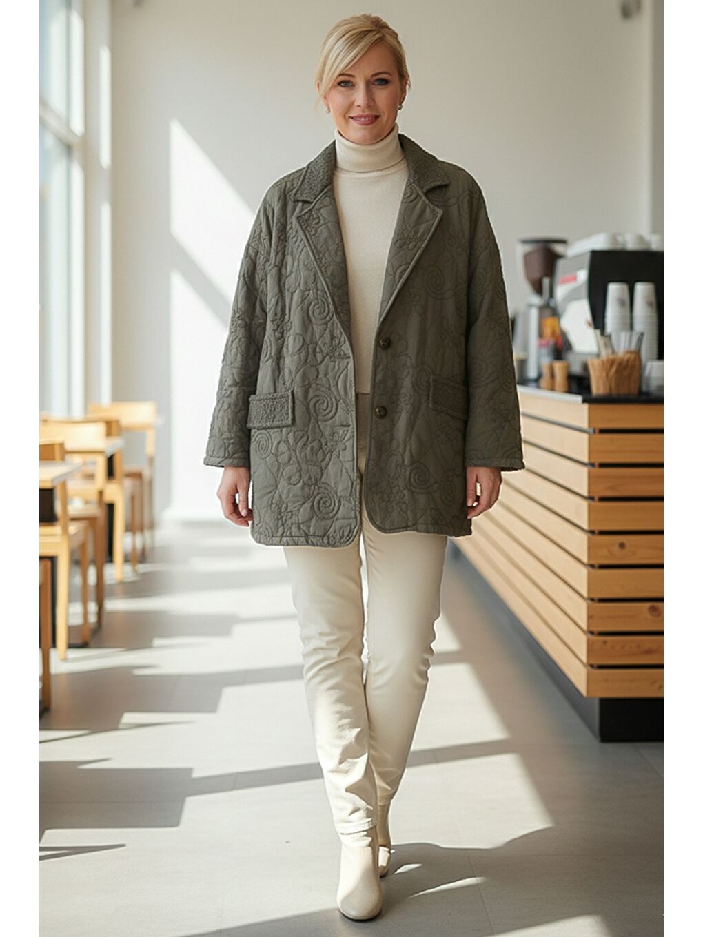 İtalyan Haki Ceket Yaka Uzun Kol Düğmeli Allover Nakışlı Kapitone Oversize Dokuma Ceket 78 70-2